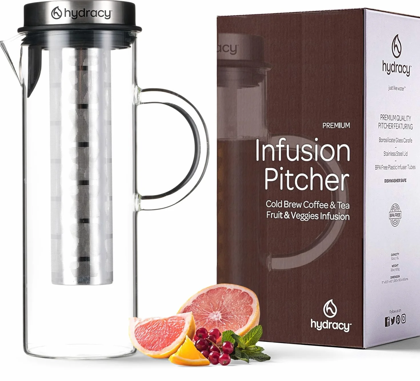 Hydracy Szklany dzbanek do infuzji z uchwytem o pojemności 1,5 l, do serwowania gorącej kawy Cafetières, dzbanek do kawy mrożonej i mrożonej herbaty z pokrywką i filtrem ze stali nierdzewnej