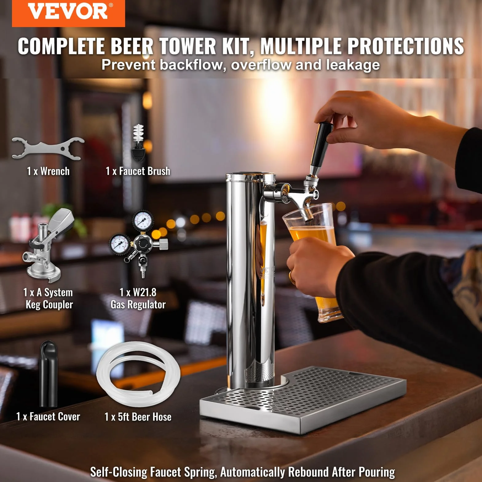 VEVOR Kegerator zestaw do konwersji piwa, pojedynczy kranik do piwa, nalewak do wieży piwnej ze stali nierdzewnej z podwójnym urządzeniem pomiarowym W21.8 i sprzęgłem beczkowym systemu A, tacka