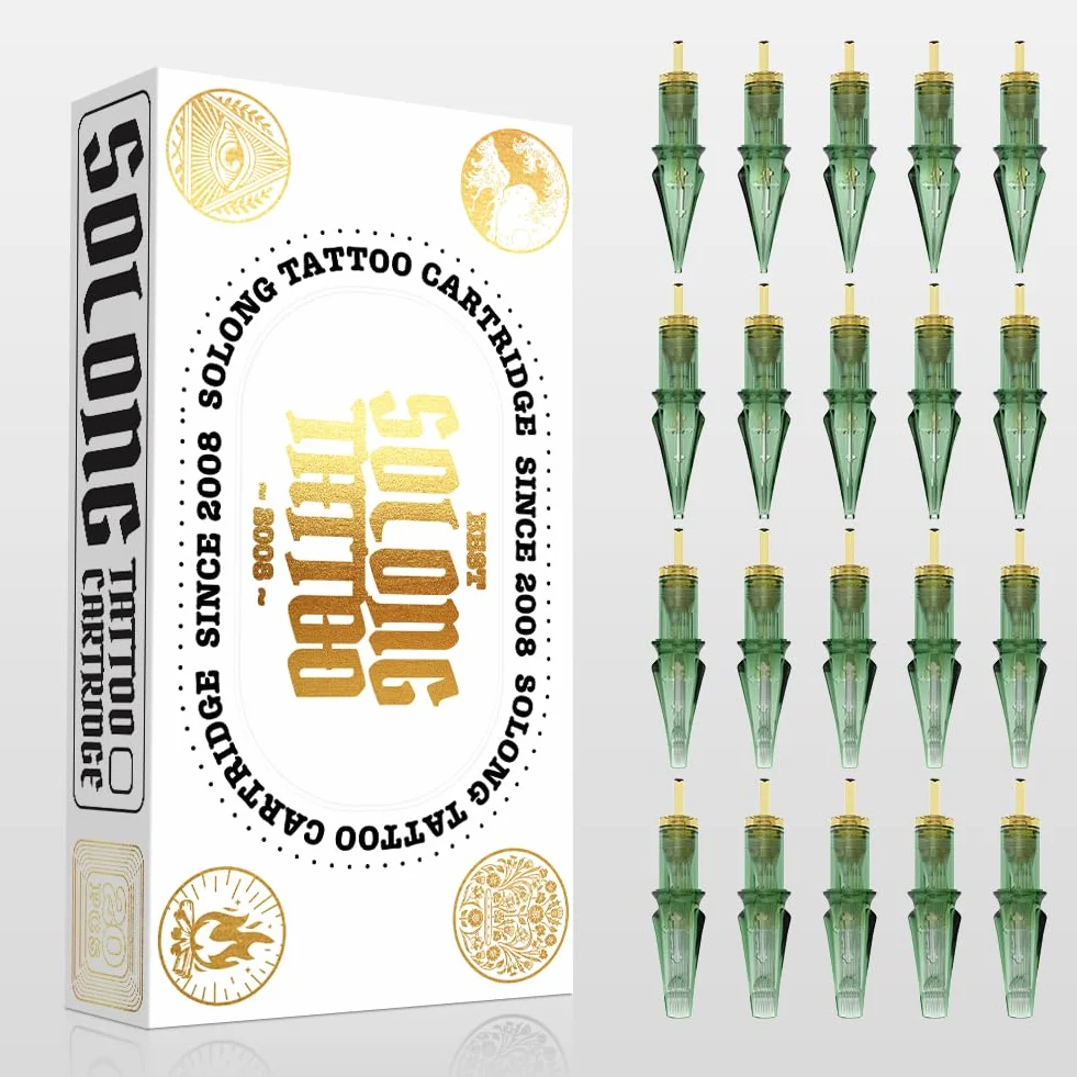 Solong Tattoo Elite Bugpin zestaw 20 sztuk, nr 12 średnicy, 5 igieł, bardzo długie, stożkowe, okrągłe wkłady magnetyczne, uniwersalne, kompatybilne z precyzyjnymi liniami i szczegółowym cieniowaniem