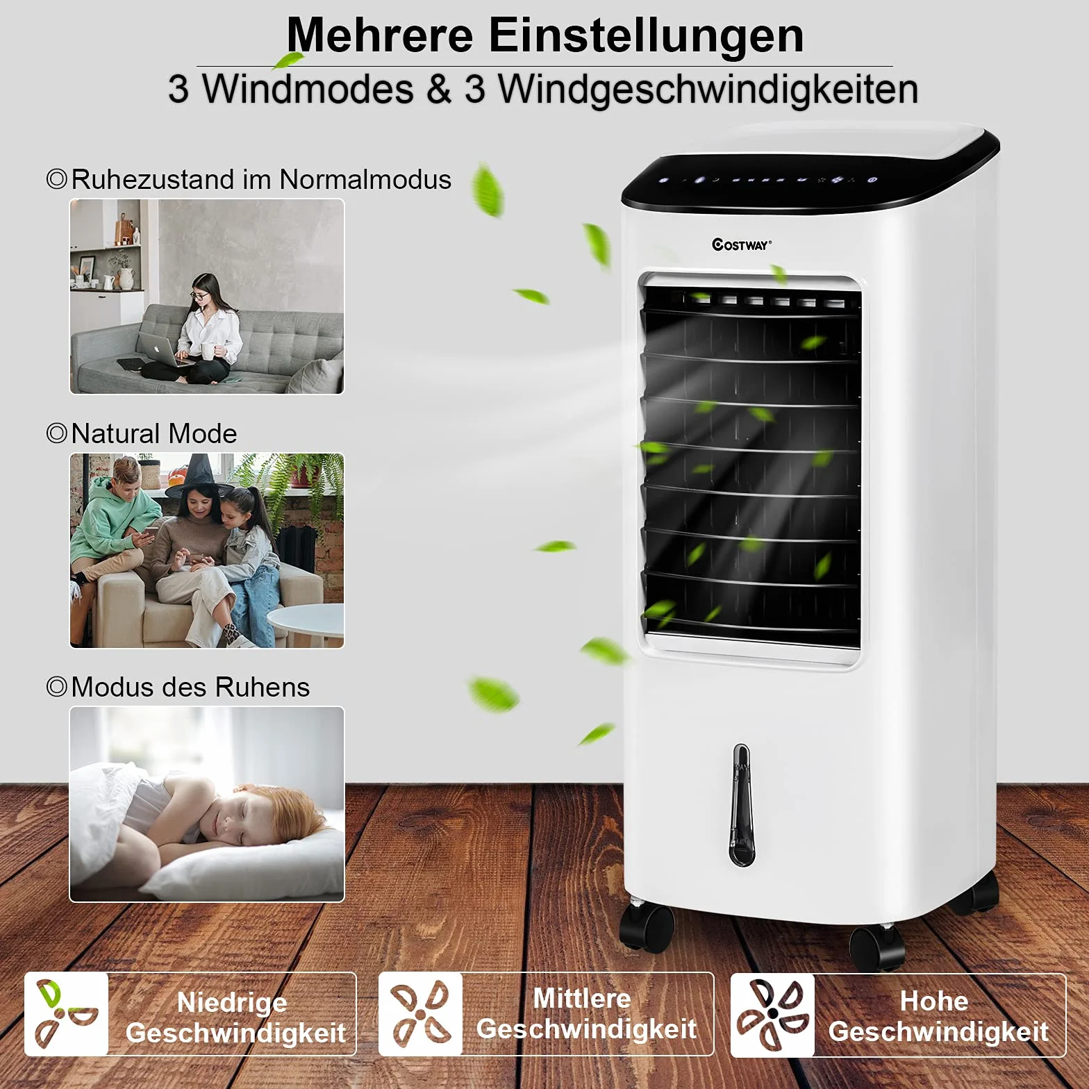 COSTWAY Przenośny klimatyzator 3 w 1, wentylator chłodzący, oczyszczacz powietrza, nawilżacz powietrza, 65 W, zbiornik 7 l, timer 7,5 h, pilot zdalnego sterowania, 2 akumulatory chłodzące, 3 stopnie