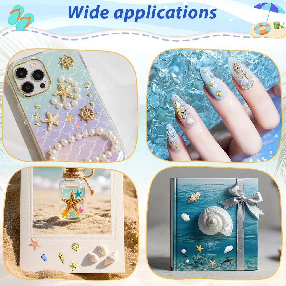 Vicloon Summer Ocean Nail Charms, 2 pudełka, letnie kamienie strasu do paznokci, motyw plażowy z muszlami, rozgwiazda 3D, muszla, perły, charmsy do paznokci, dla kobiet, akrylowe, do paznokci, oceanu
