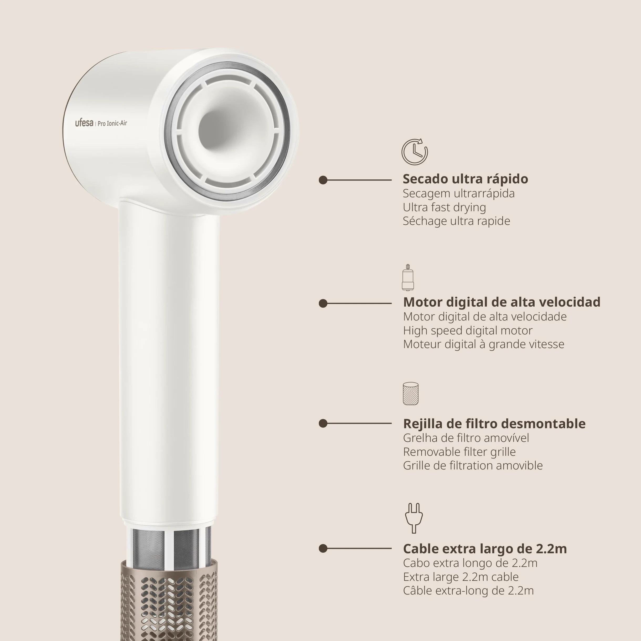 Ufesa Pro Ionic Air Suszarka do włosów, 110 000 obr./min, profesjonalna suszarka do włosów, inteligentna kontrola temperatury, silny przepływ powietrza 22 m/s, ultra cicha, technologia jonów ujemnych,