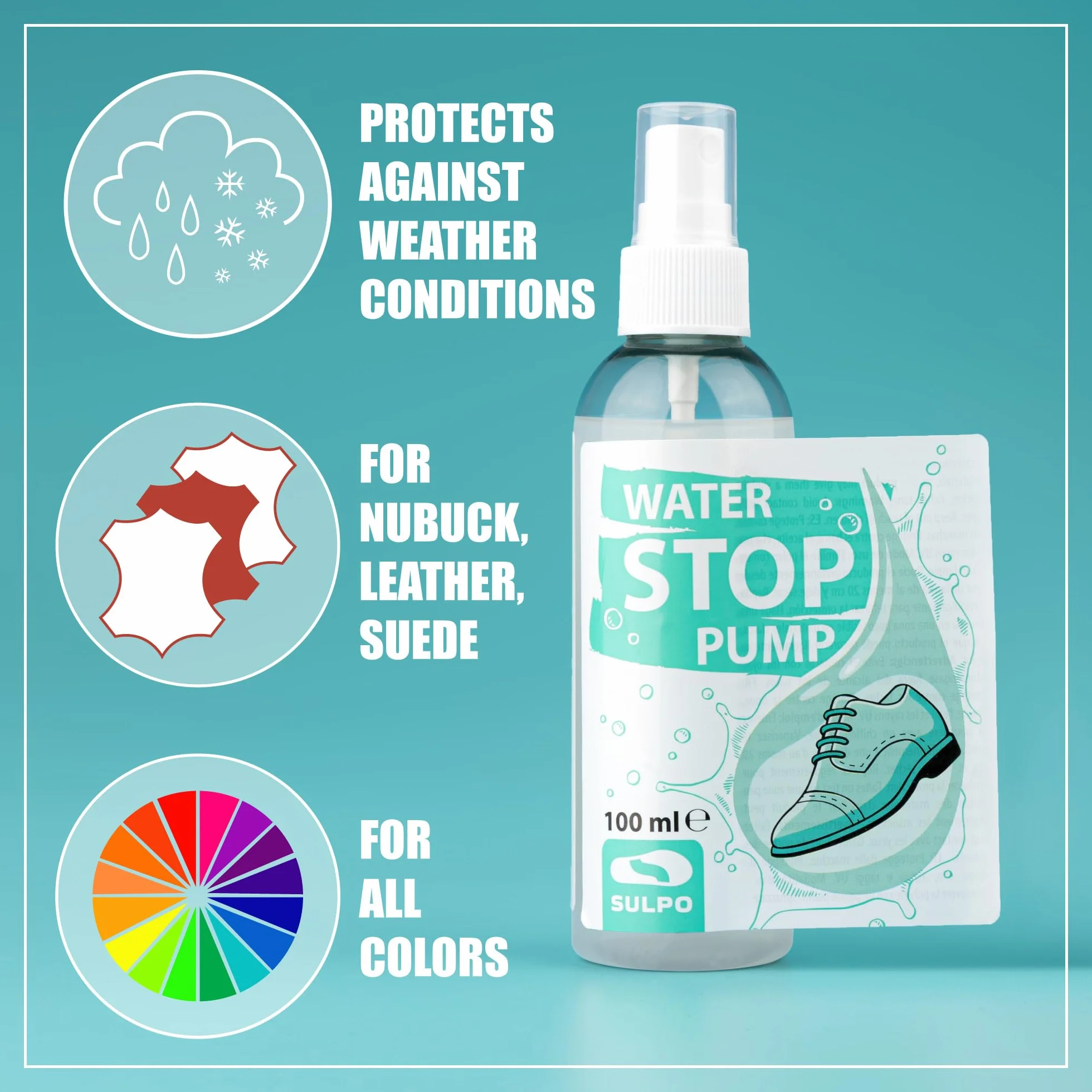 SULPO Impregnat do butów – Ochrona WATER STOP do obuwia, tkanin i skóry – Do sneakersów, odzieży outdoorowej, dziecięcych i zwierzęcych akcesoriów 2 x 100 ml