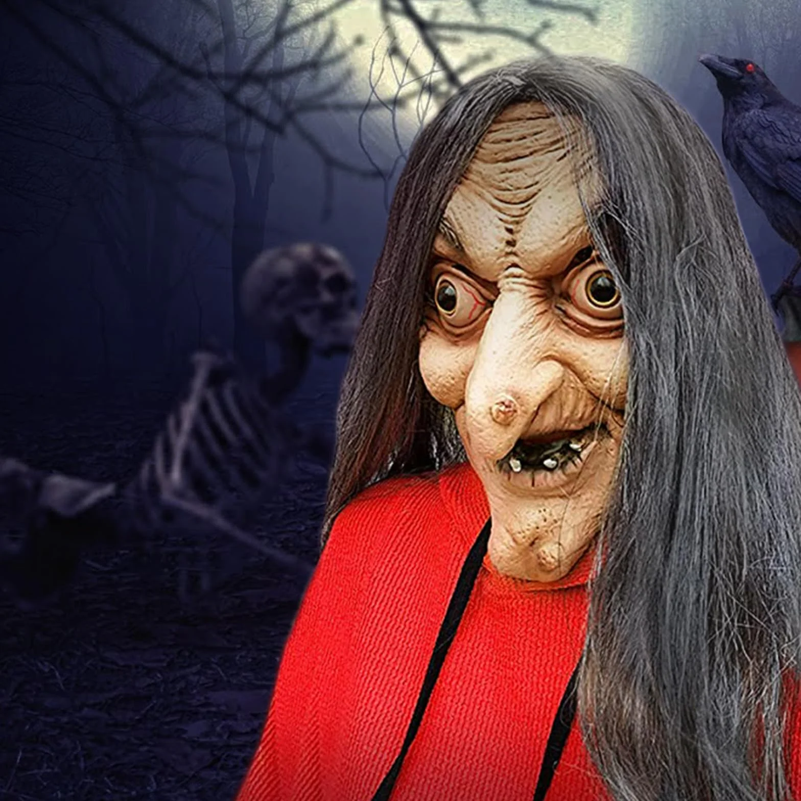 Przerażająca maska czarownicy na Halloween, przerażająca starsza kobieta, maska czarownicy z długimi włosami, straszna lateksowa maska czarownica, realistyczna maska czarownicy na Halloween i