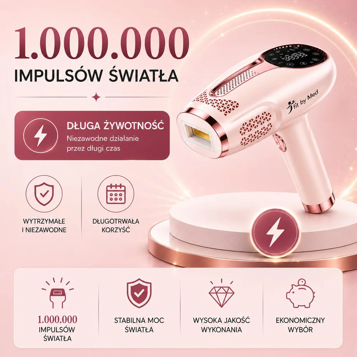 Depilator IPL z Chłodzeniem Ice Cool FitbyMed 1 000 000 Impulsów 9 Poziomów Mocy Tryb AUTO Czujnik Skóry Różowy