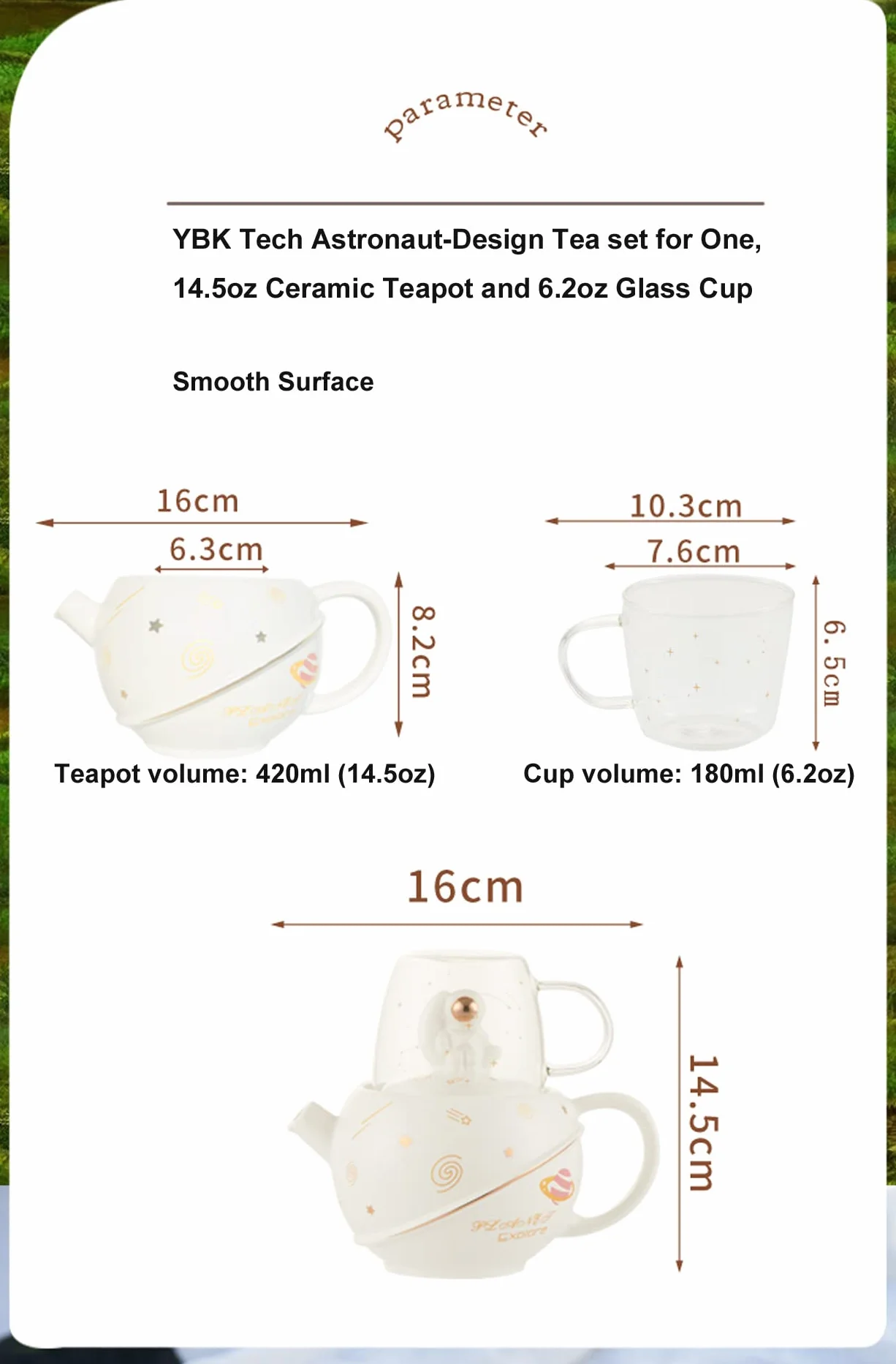 YBK Tech Kreatywna herbata z motywem astronauty, 410 ml ceramiczny czajniczek i szklany kubek 175 ml (niebieski)