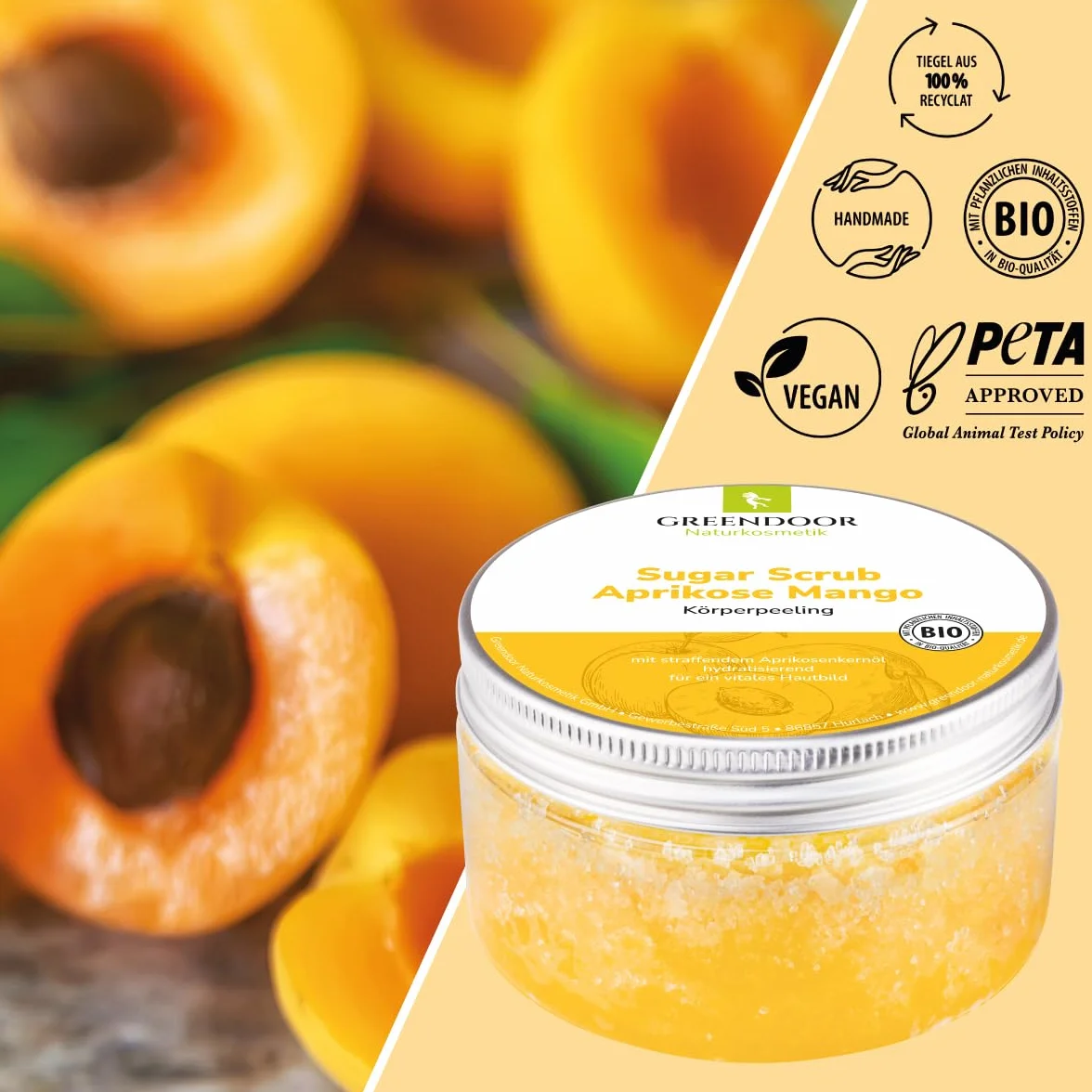 GREENDOOR Peeling do ciała Sugar Scrub Morele Mango z prowitaminą A 230 g