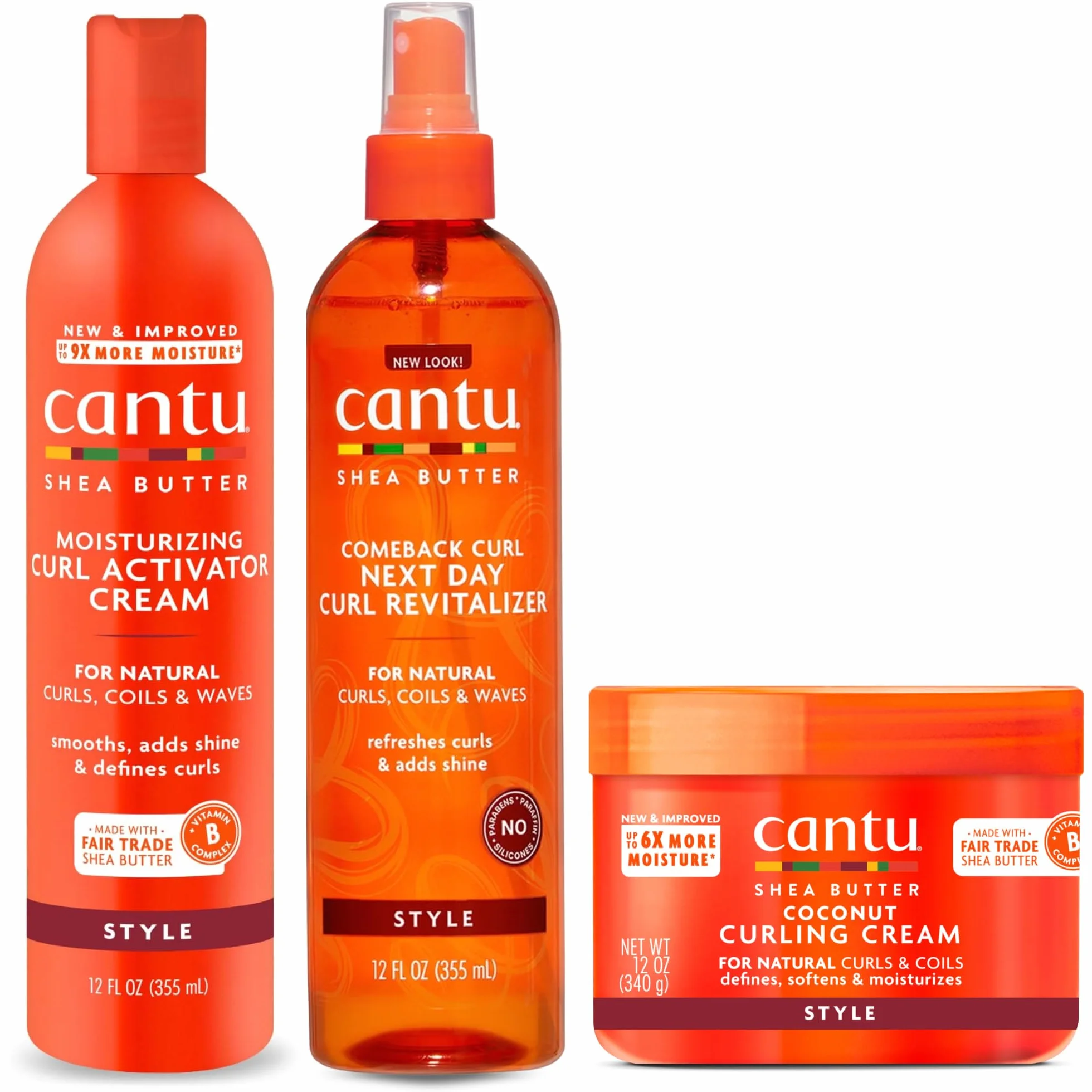 Cantu 3-Częściowy Zestaw Kosmetyków do Kręconych Włosów z Masłem Shea, Comeback Curl, Next Day Curl Revitalizer i Kokosowy Krem Curling