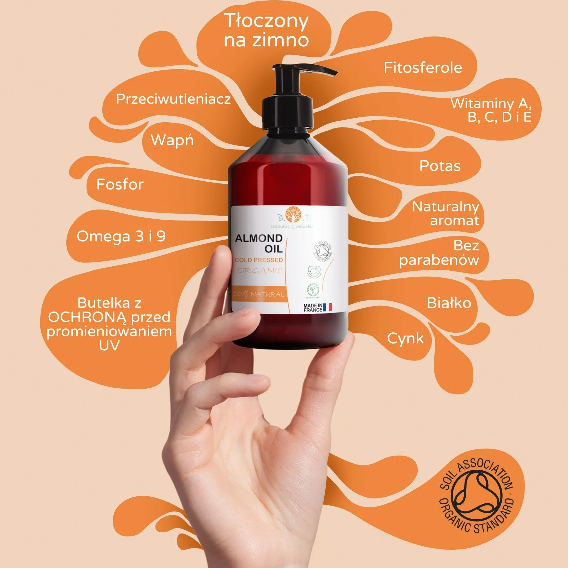 Organiczny Olej Migdałowy, Tłoczony na Zimno, Czysty, Naturalny. Profesjonalny Olejek do Masażu, Włosów i Rzęs, Nawilżania ciała (Paznokcie) Twarzy (Przeciwstarzeniowy) na Rozstępy Ciąży - 1000 ml