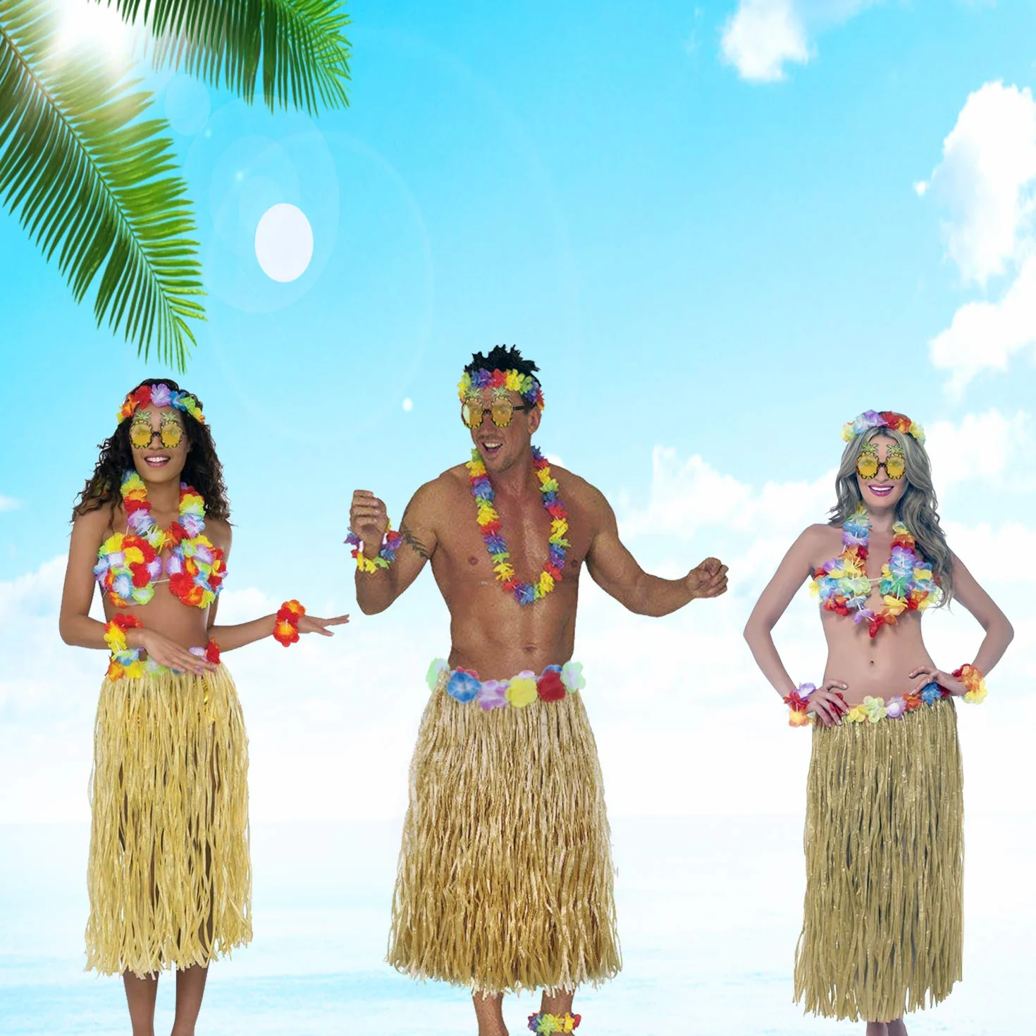 PHOGARY Zestaw akcesoriów do kostiumu hula Luau Party: tańcząca kula, kwiatowy bikini, hawajskie Lea, klipsy do włosów, okulary przeciwsłoneczne