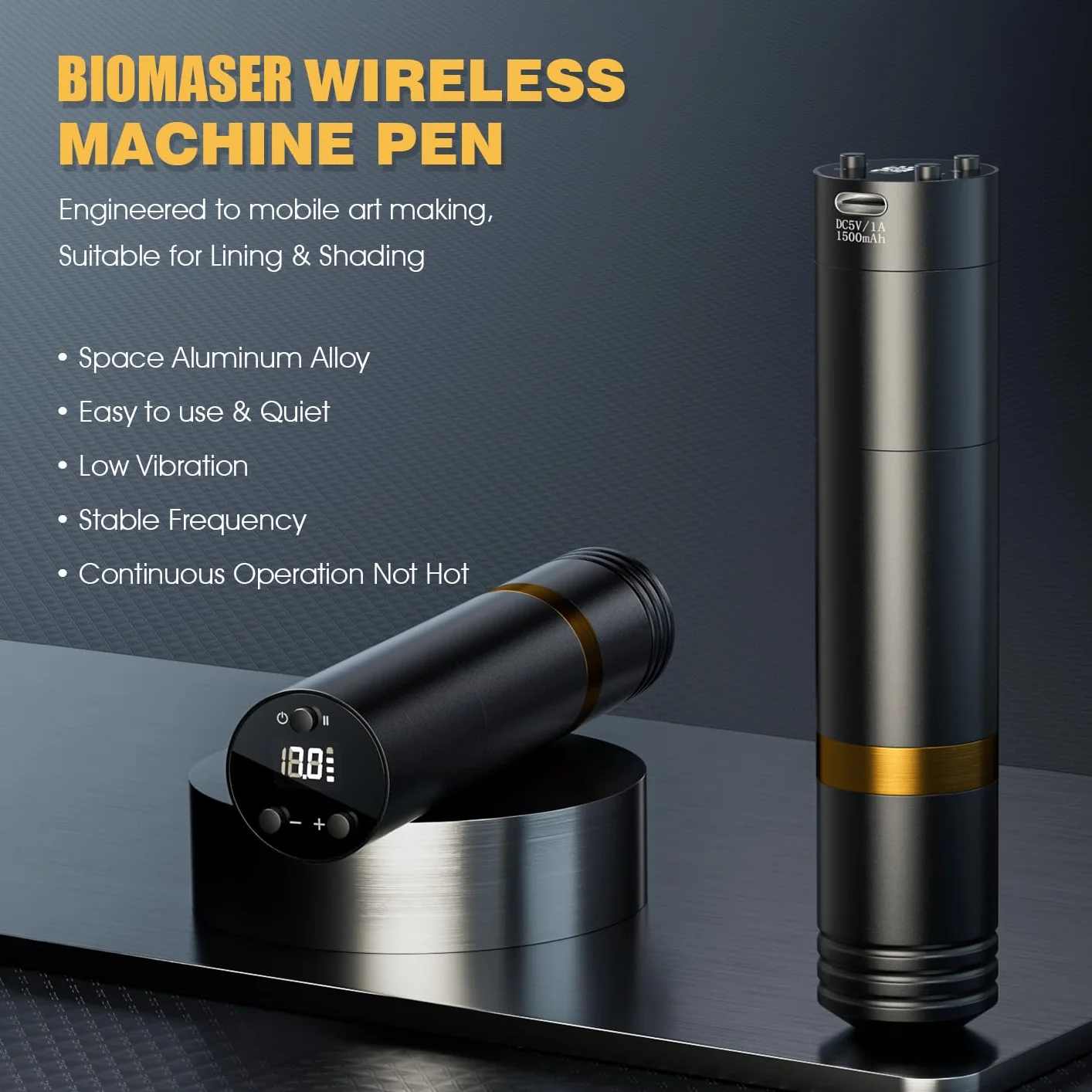 Biomaser Zestaw bezprzewodowych urządzeń Bezprzewodowa maszyna z obrotowym piórem 2 sztuki akumulator 1500 mAh z 20 elementami igieł 10 butelek z tuszem Kompletne akcesoria dla początkujących i