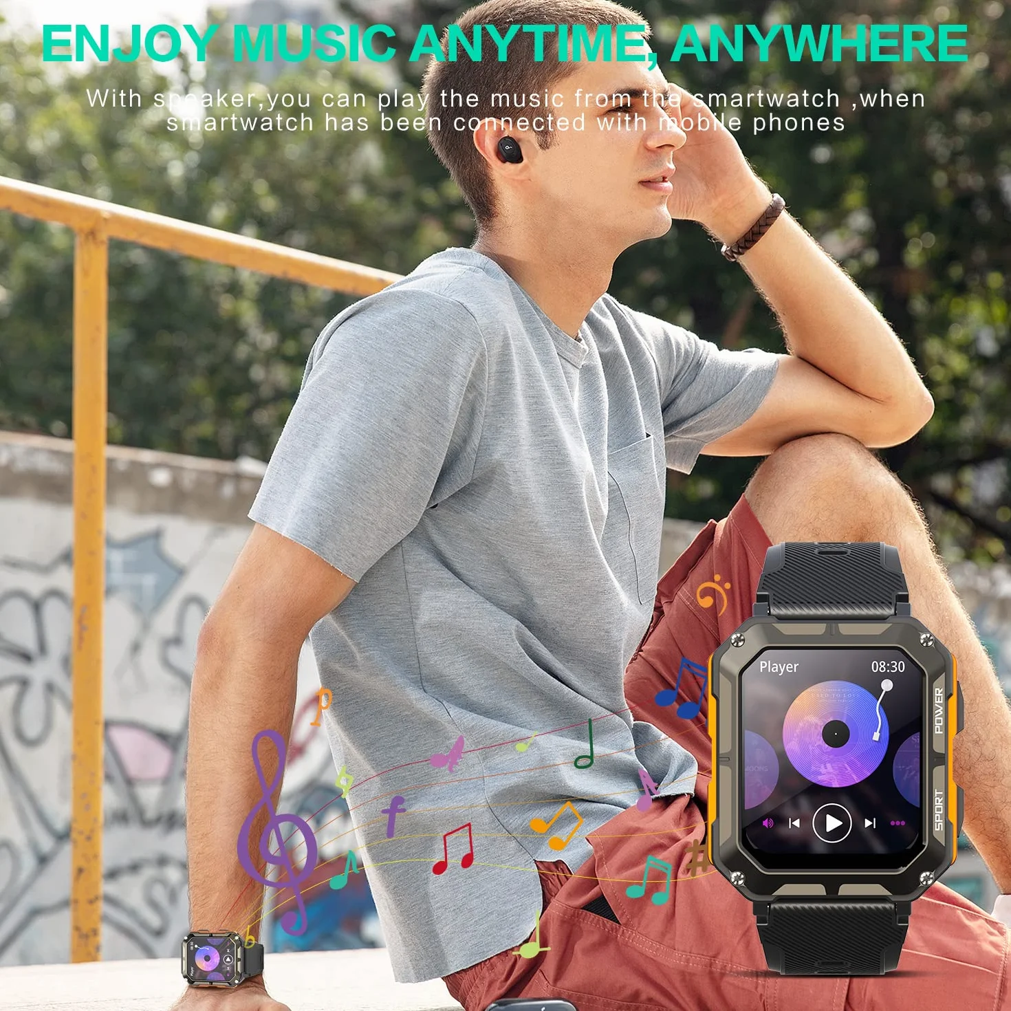 smartwatche Męski z asystentem głosowym do połączeń Bluetooth, sportowy smartwatch 1,81 cala ze 123 trybami sportowymi, odtwarzaczem muzycznym, pomiarem tętna, wodoodpornością IP68 dla Android iOS