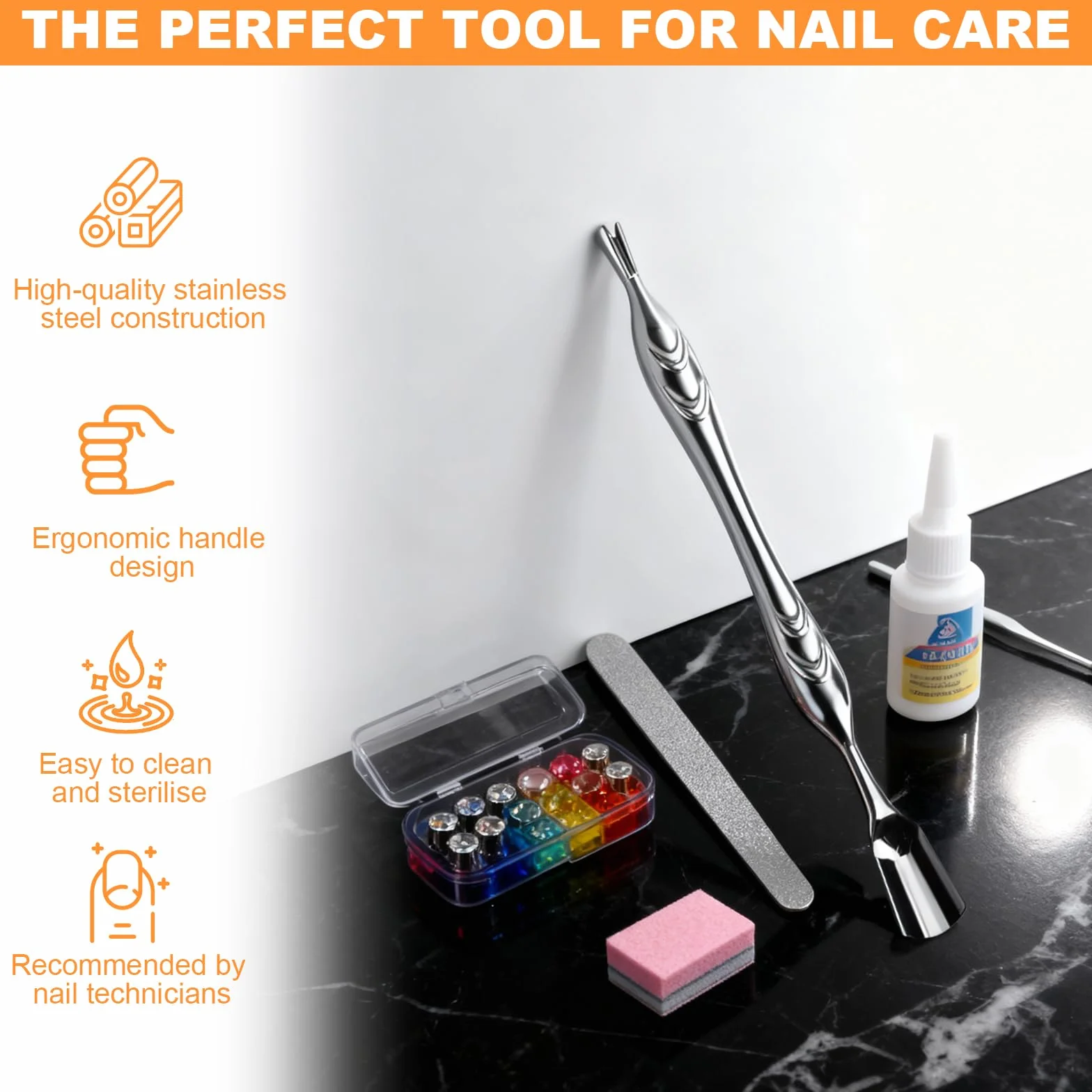 Profesjonalny 2-w-1 ściągacz do skórek i trymer, narzędzie do manicure ze stali nierdzewnej z widelcem, do manicure i pedicure, srebrny