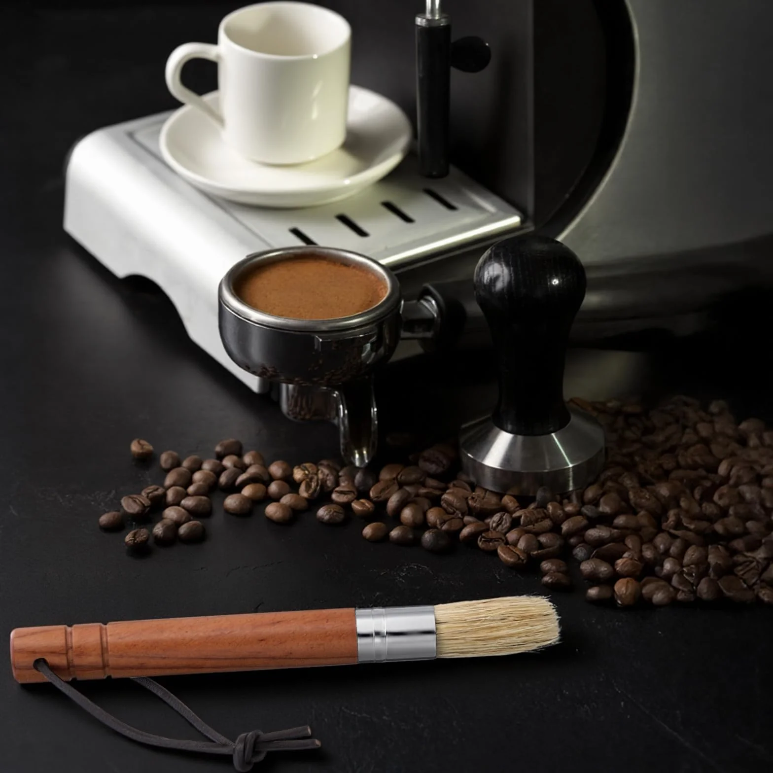 Andibro Szczotka do czyszczenia młynka do kawy z naturalnym włosiem, drewnianym uchwytem, do ekspresu espresso, narzędzie baristy, akcesoria kuchenne domu, z pętlą