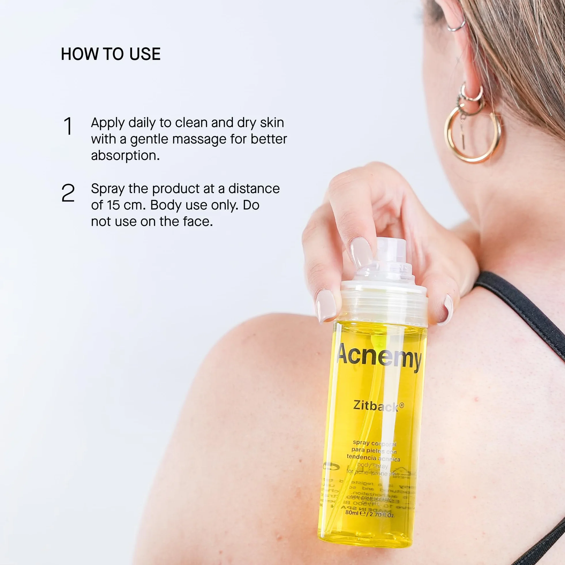 ACNEMY ZITBACK® - Anti-acne Body Spray with AHA and Lemon Water, 80 ml – Eliminates Pimples on Back and Body, Quick Drying, Oil-Free, Reduces Imperfections