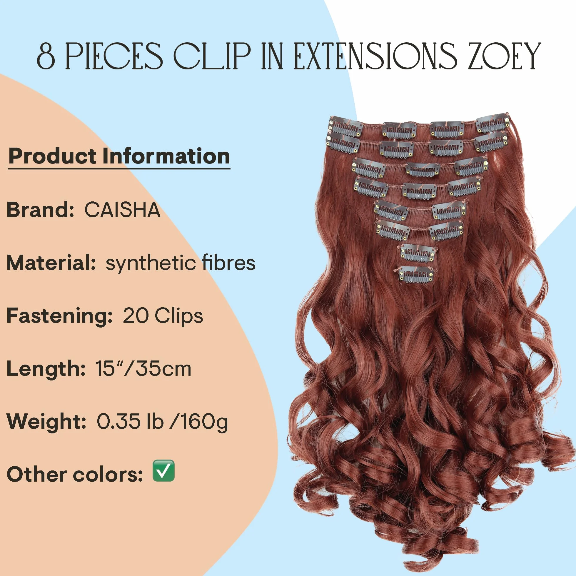 CAISHA XXL 8-Częściowy Zestaw CLIP IN EXTENSES Przedłużanie Włosów Treska Obszernie Falująca Czerwonawy Brąz CES114-1