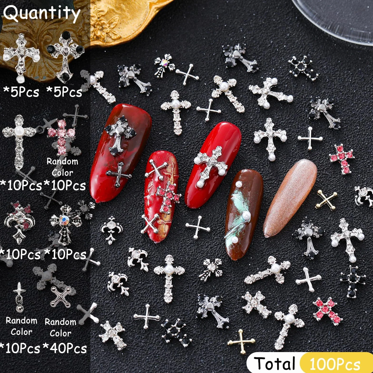 100 sztuk zawieszek do paznokci krzyżowych, dekoracja 3D do zdobienia paznokci, perłowe kamienie szlachetne, diamentowe ozdoby do paznokci, stop metalu, kryształ górski