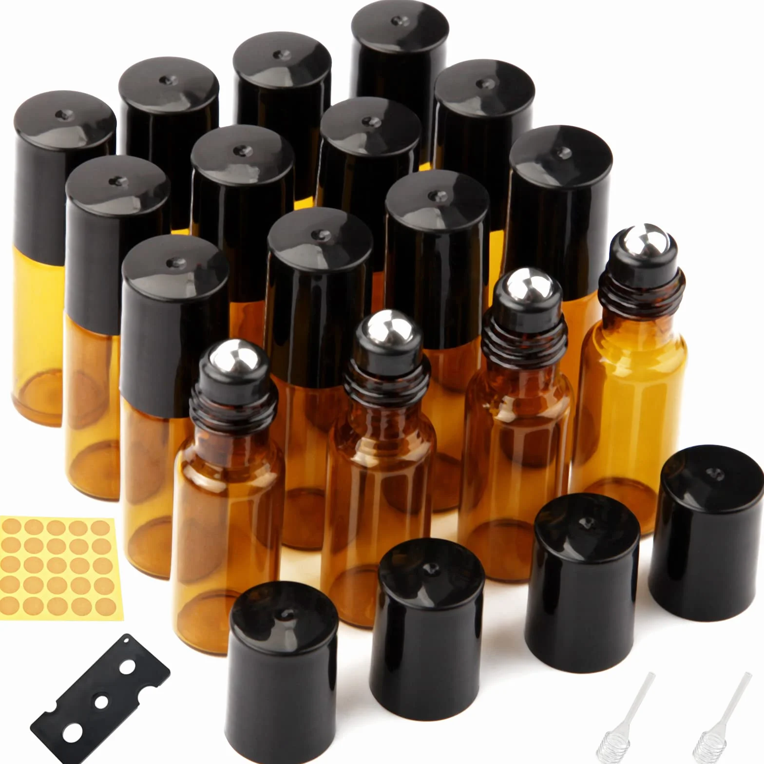 DKBT Butelki na olejki eteryczne, 16 szt., 5 ml, pusta butelka kulkowa z kulkami ze stali nierdzewnej, bursztynowe szkło, do olejków eterycznych, perfum, kosmetyków, aromaterapii, masażu, 16 szt