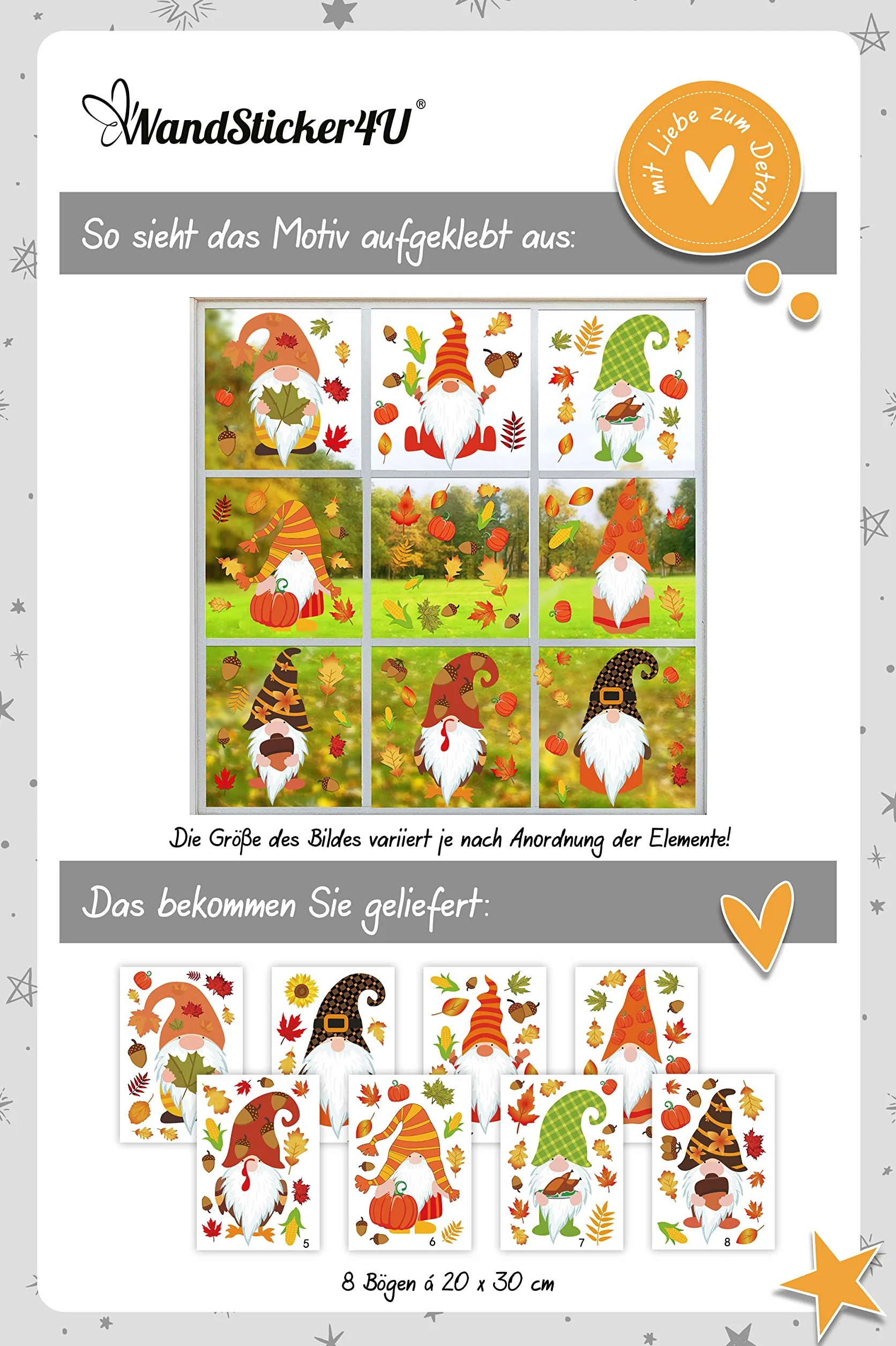 WandSticker4U® - 8 Obrazki na Okno, Słodkie Śliczki + Liście Jesienne w Kolorze Pomarańczowym/Czerwonym, Samoprzylepne, Wielokrotnego Użytku, Dekoracja Jesienna i Zimowa