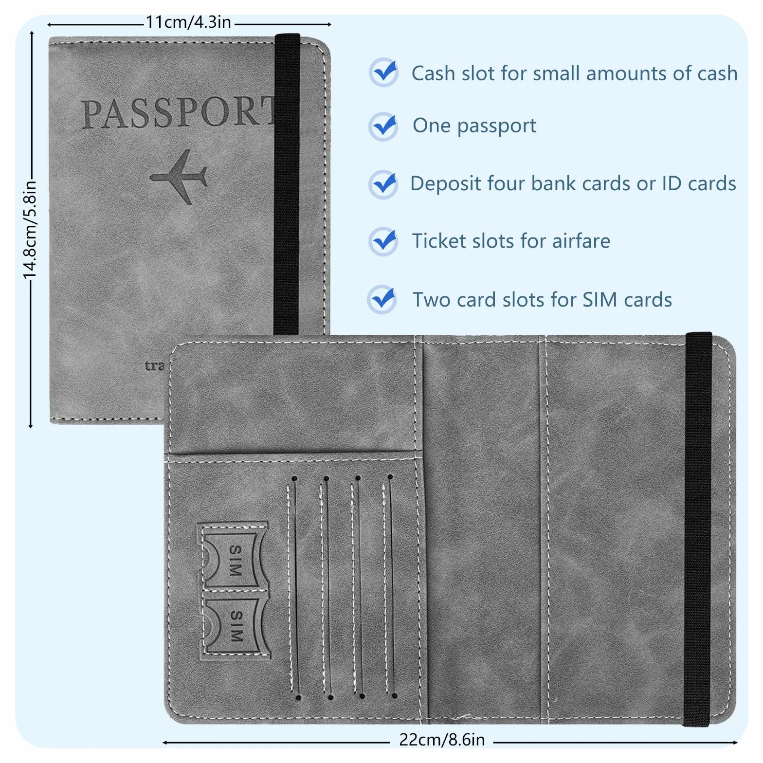 FlyWave Etui na paszport, etui na paszport dla kobiet i mężczyzn, uchwyt na paszport z blokadą RFID, etui na dokumenty podróżne, dowód osobisty, etui ochronne na karty kredytowe, szary,