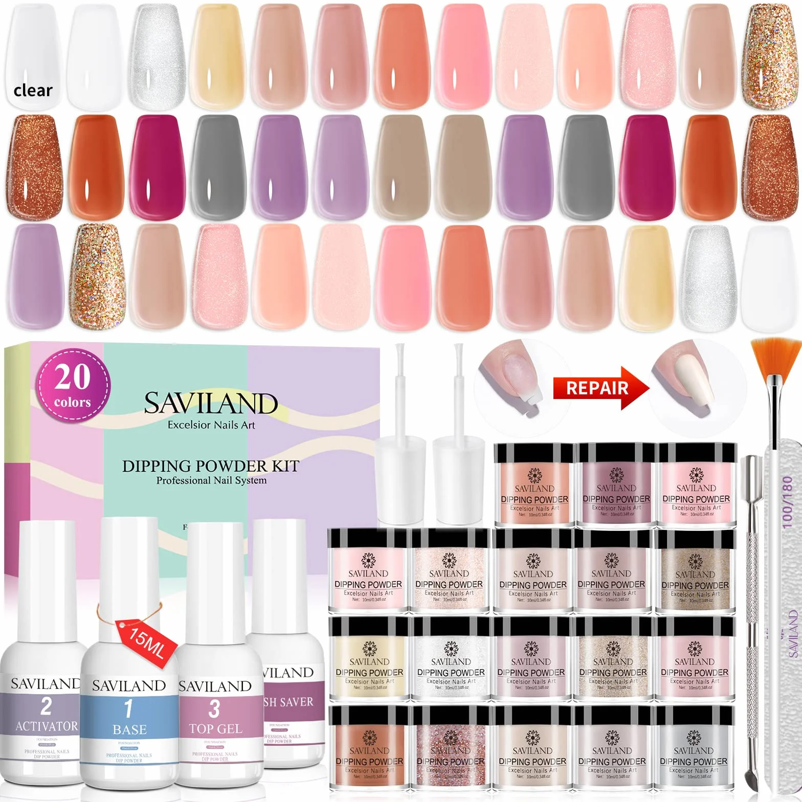 Saviland 29-częściowy zestaw do malowania paznokci Dip Powder – 20 kolorów, przezroczysty, biały, nudes, zestaw do nakładania pudru z podkładką i aktywatorem lakieru wierzchniego do stylizacji paznokci
