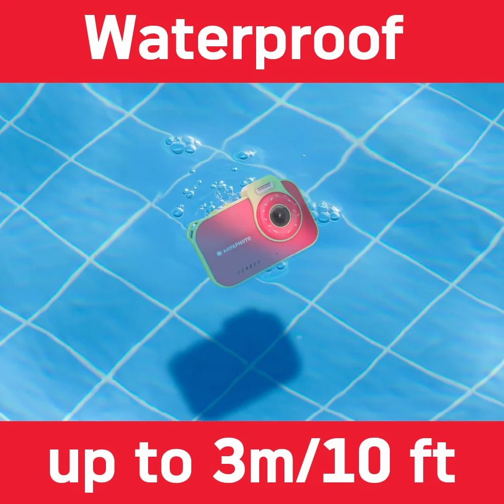 AgfaPhoto Realikids Cam Waterproof 2 - wodoodporny aparat dziecięcy 12 MP, wideo HD, tryb selfie, filtry i ramki, wbudowane gry, bateria litowa - niebieski