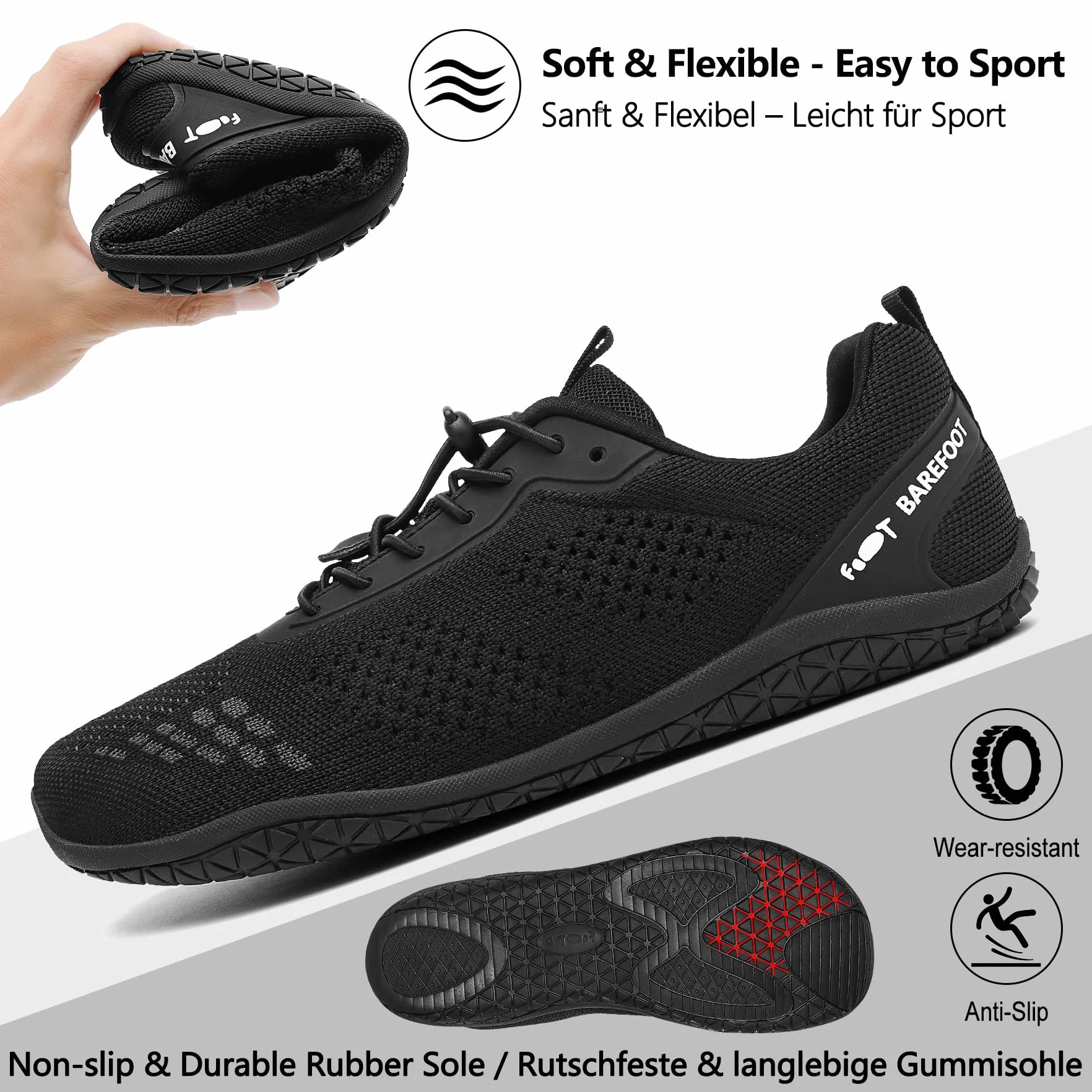 Geweo Buty Barefoot Męskie i Damskie Lekkie Wygodne Buty Sportowe Treningow z Szeroką Skrzynią na Palce Oddychające Buty do Biegania, do CrossFit i Fitness, Świeżym Powietrzu Sport Unisex Czarny 45EU