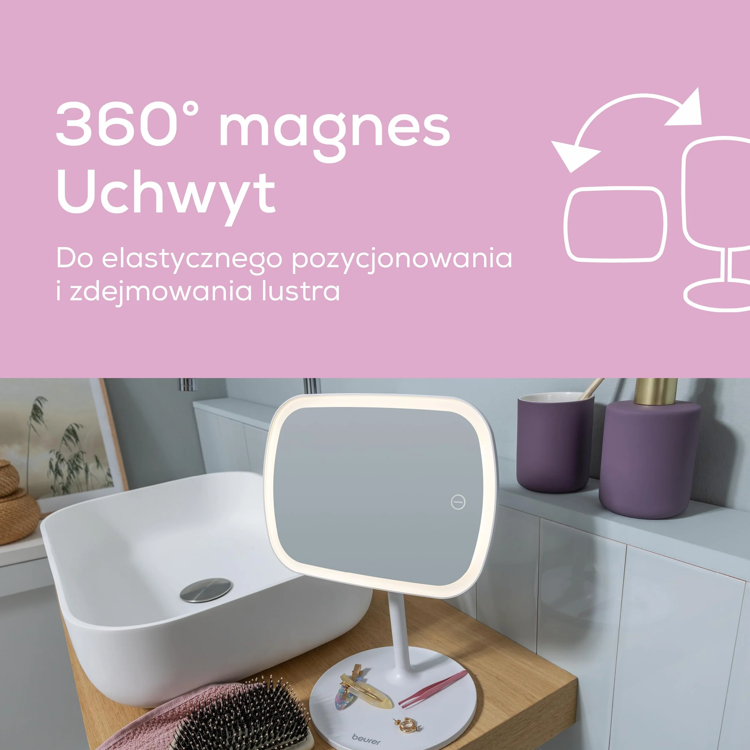 Beurer BS 47 Lusterko kosmetyczne, lusterko do makijażu z oświetleniem w 3 kolorach, z uchwytem magnetycznym, obracane o 360°, zdejmowana powierzchnia lusterka, praktyczne lusterko łazienkowe z półką