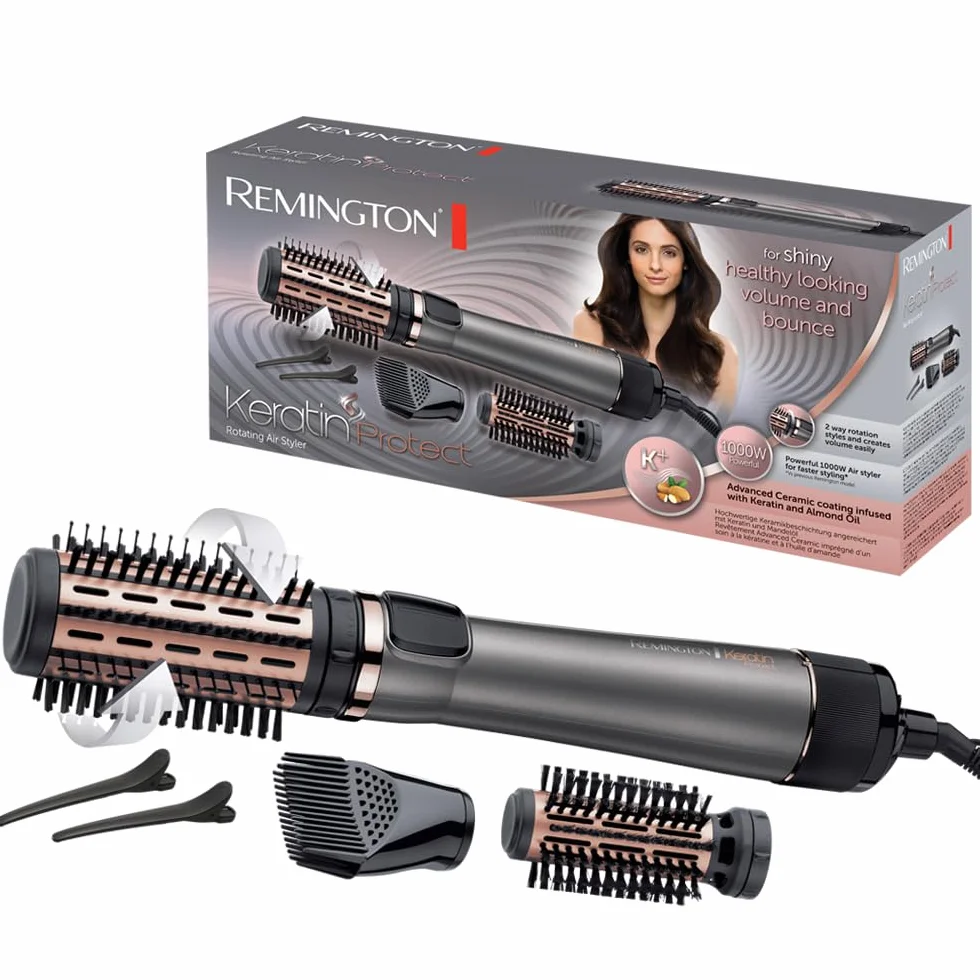 Remington suszarko-lokówka obrotowa, keratynowa z olejkiem z migdałów, 2 szczotki, 2 klipsy do włosów i końcówka do unoszenia włosów, zimny nawiew, moc 1000W, Keratin Protect AS8811