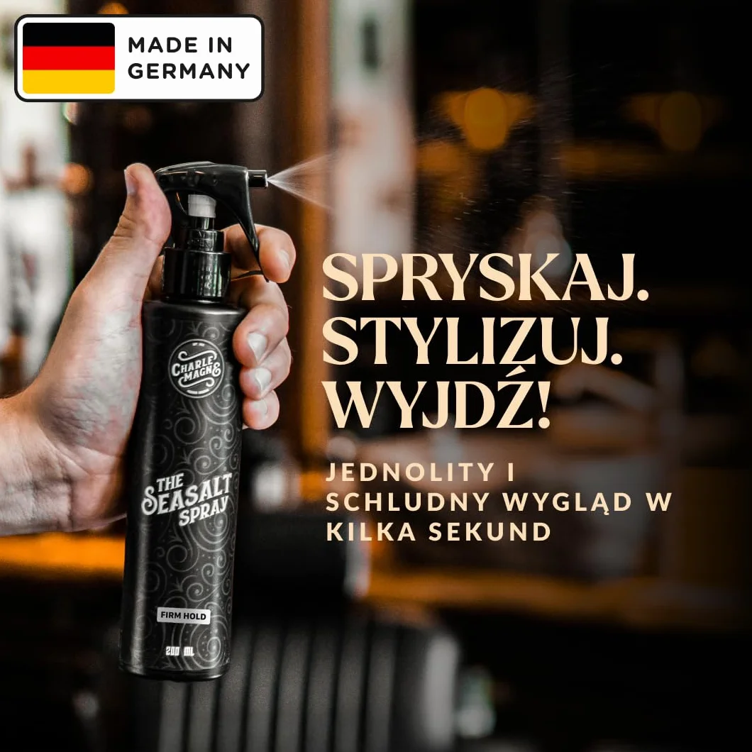 Charlemagne Spray z solą morską dla mężczyzn, spray do włosów o objętości i falowane loki plażowe z ochroną cieplną, matowe wykończenie, wyprodukowano w Niemczech, 200 ml (1 szt., mocne trzymanie)