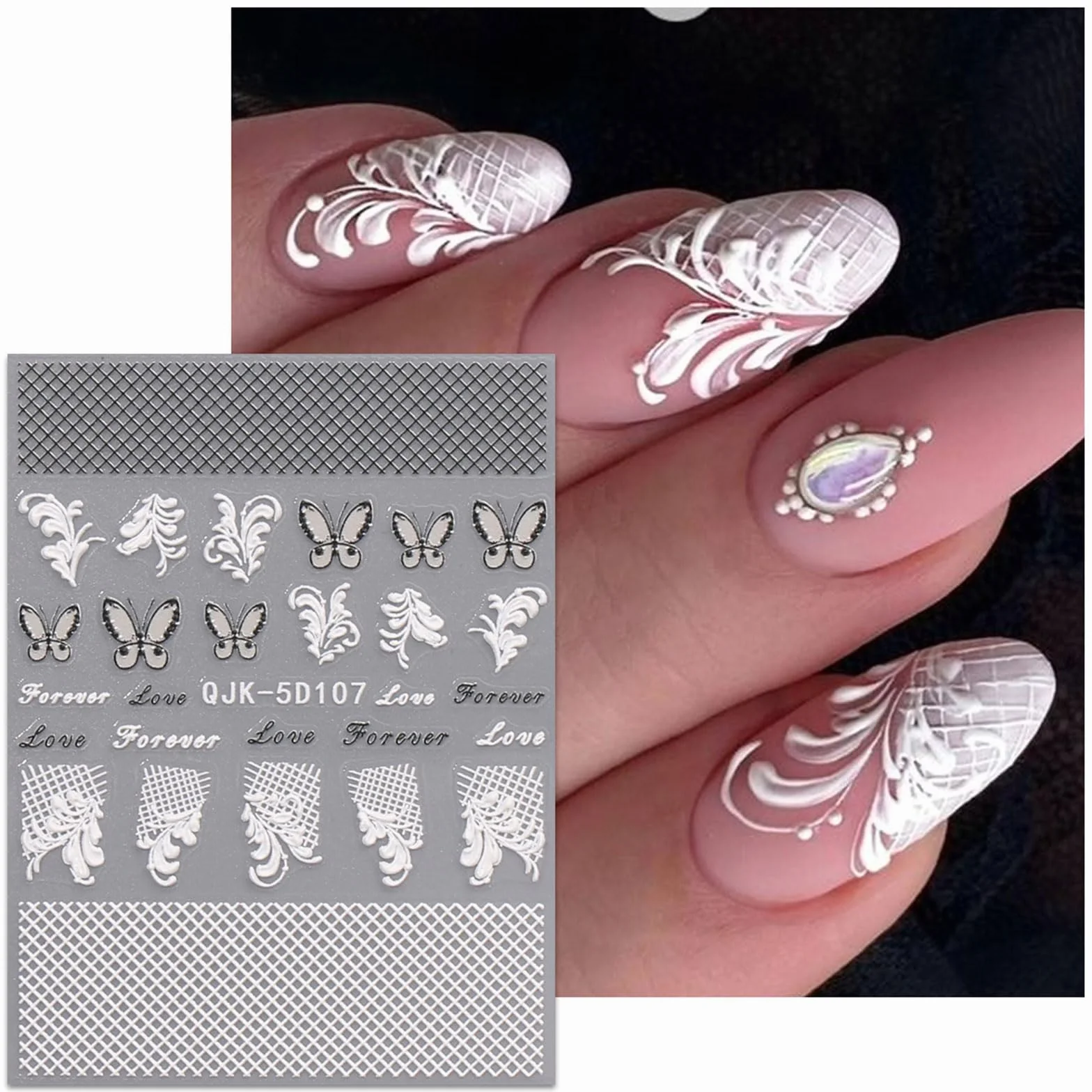 JMEOWIO 3D Czarny Biały Kwiat Nail Art Naklejka 4 Arkusze Naklejki na paznokcie Samoprzylepne dekoracje do paznokci