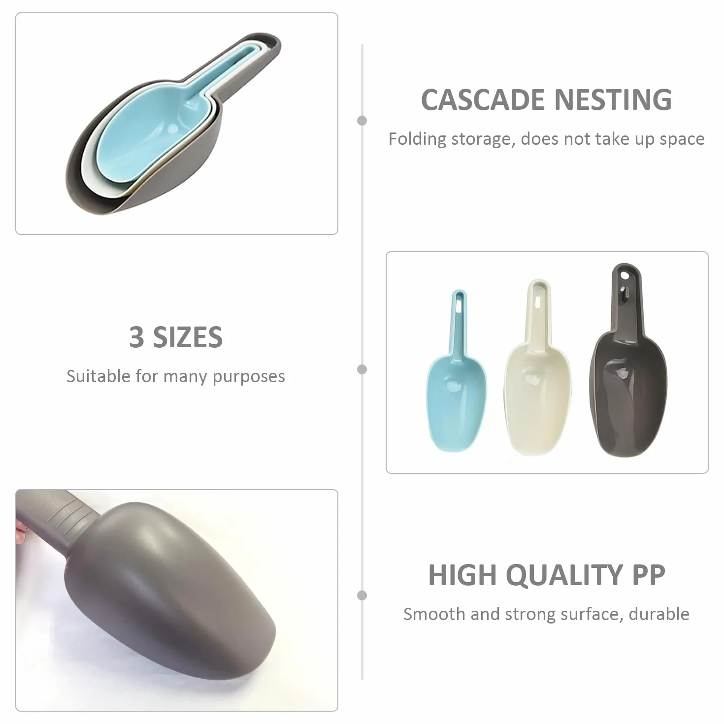 3-częściowy zestaw plastikowych łyżek do lodów, 1 mocny haczyk bez zarysowań, wielofunkcyjny, zapobiegający oparzeniom, łyżka do jedzenia, bar kuchenny, mąka, deser, kawa, łyżka do lodów, łopatka do