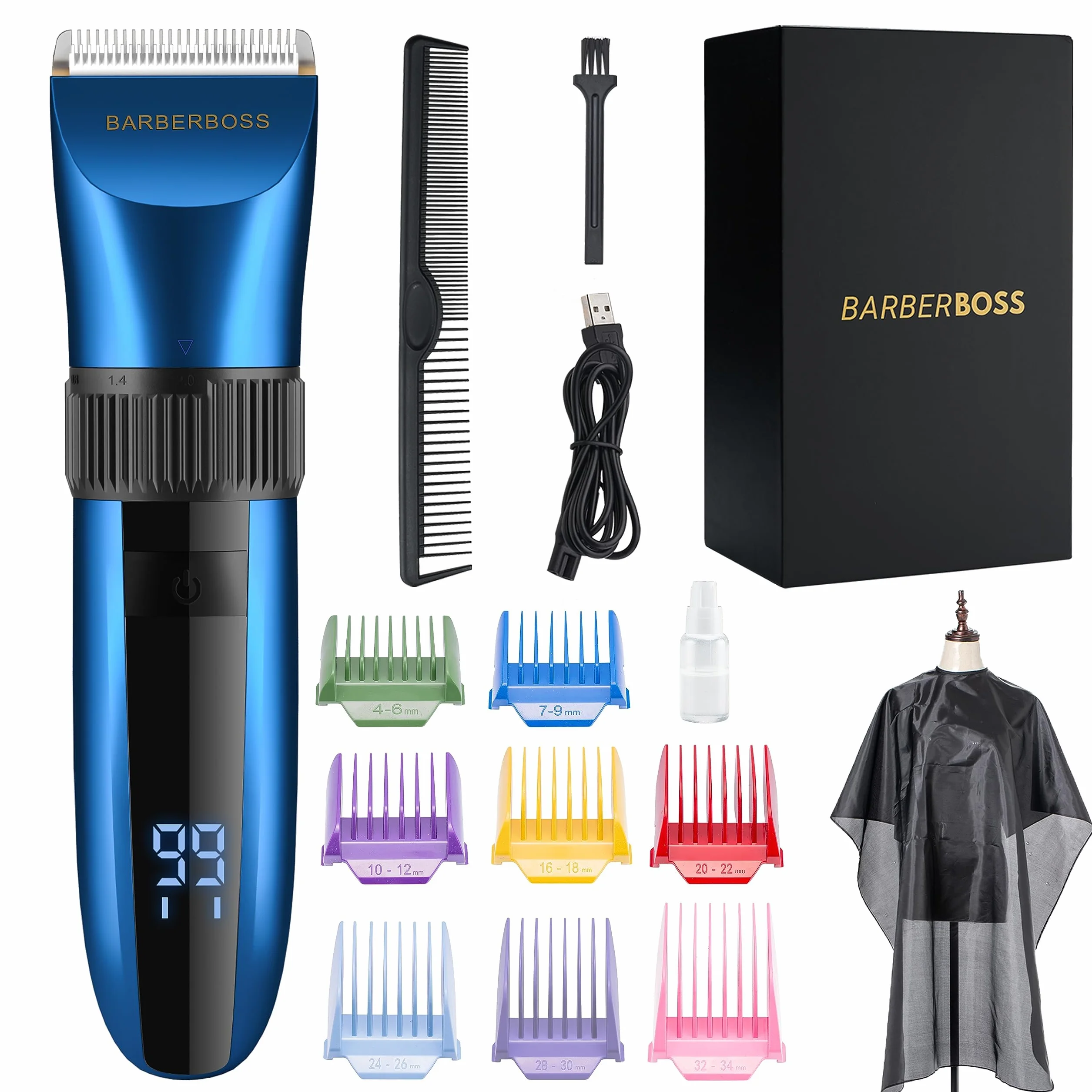 BarberBoss Bezprzewodowa samoostrząca się trymer do brody i włosów - wodoodporny z ceramicznymi ostrzami, wyświetlaczem LED, szybkim ładowaniem i 8 kolorowymi końcówkami grzebieniowymi QR-2082