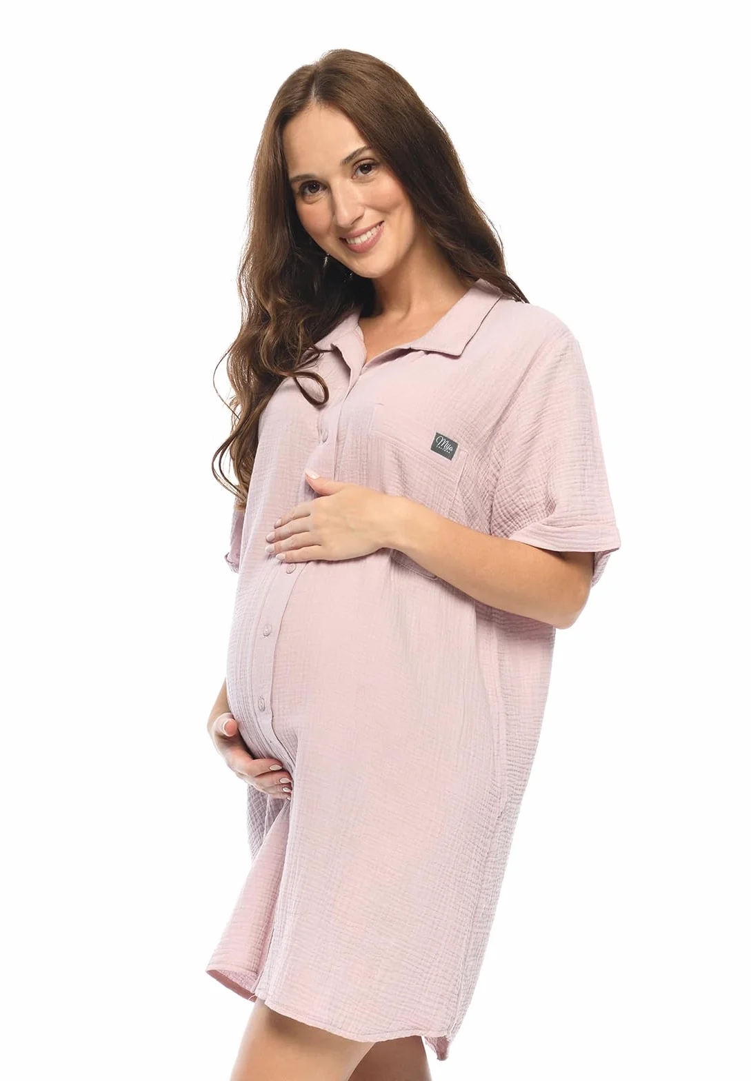 MijaCulture 2 w 1 Muslin koszula nocna do karmienia i ciążowa koszula nocna M023 Hazel (S/M, różowa)