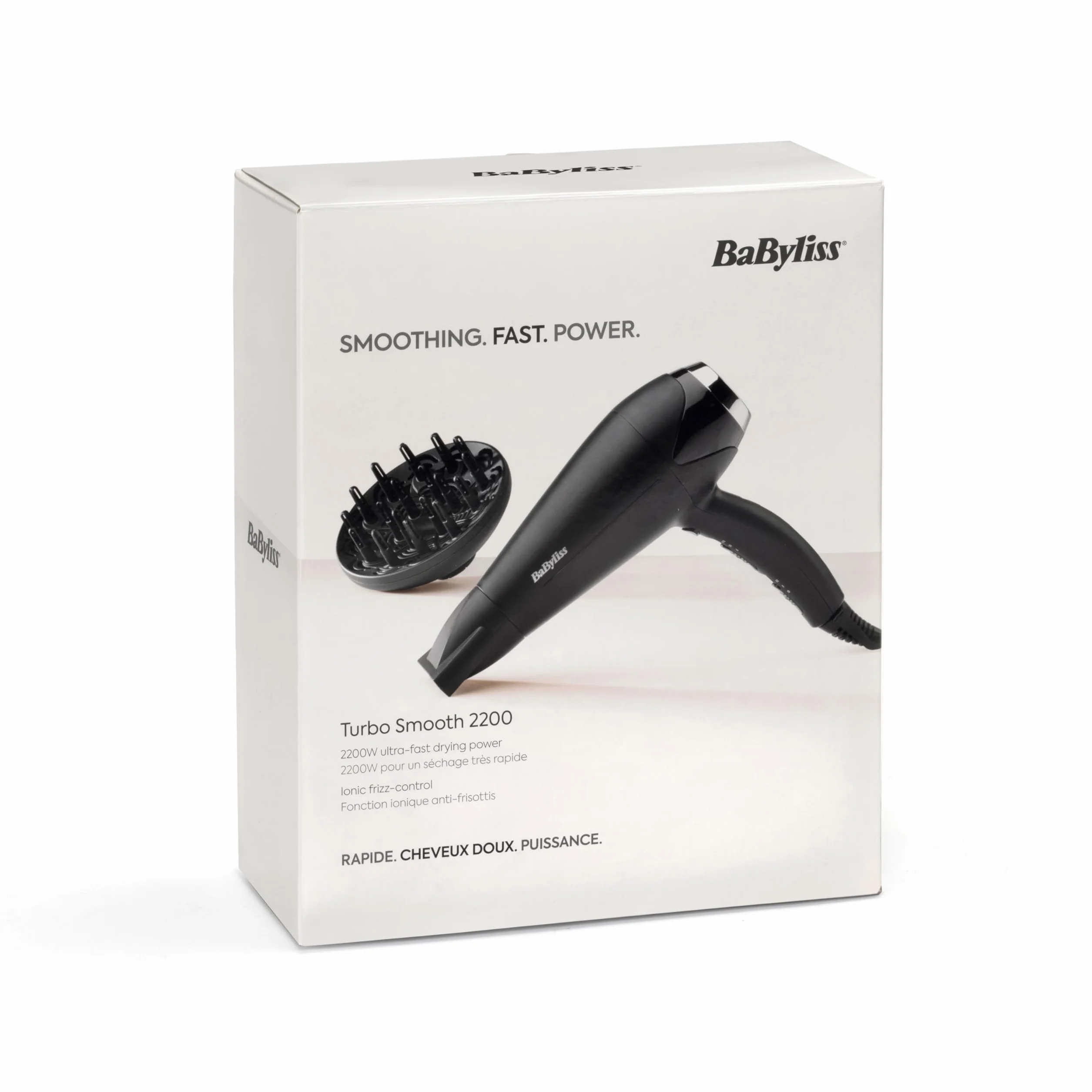 Suszarka do włosów BaByliss Turbo Smooth - 2200 W Mocna suszarka do włosów, Duży dyfuzor, jonizacja bez puszenia włosów, 3 ustawienia temperatury i 2 prędkości, Czarny, D572DE
