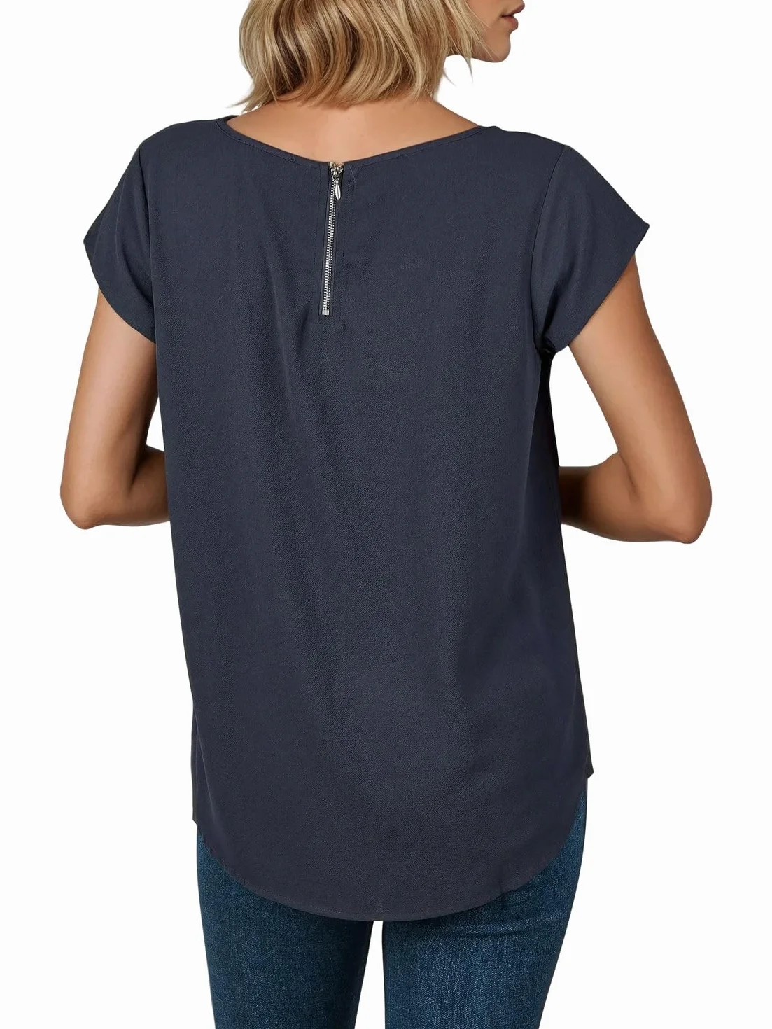 DENIMFY DFAda zestaw 2 koszulek damskich, okrągły dekolt, krótki rękaw, zamek błyskawiczny, basic, jednokolorowy, czarny, różowy, zielony, granatowy, S, M, L, XL, XXL