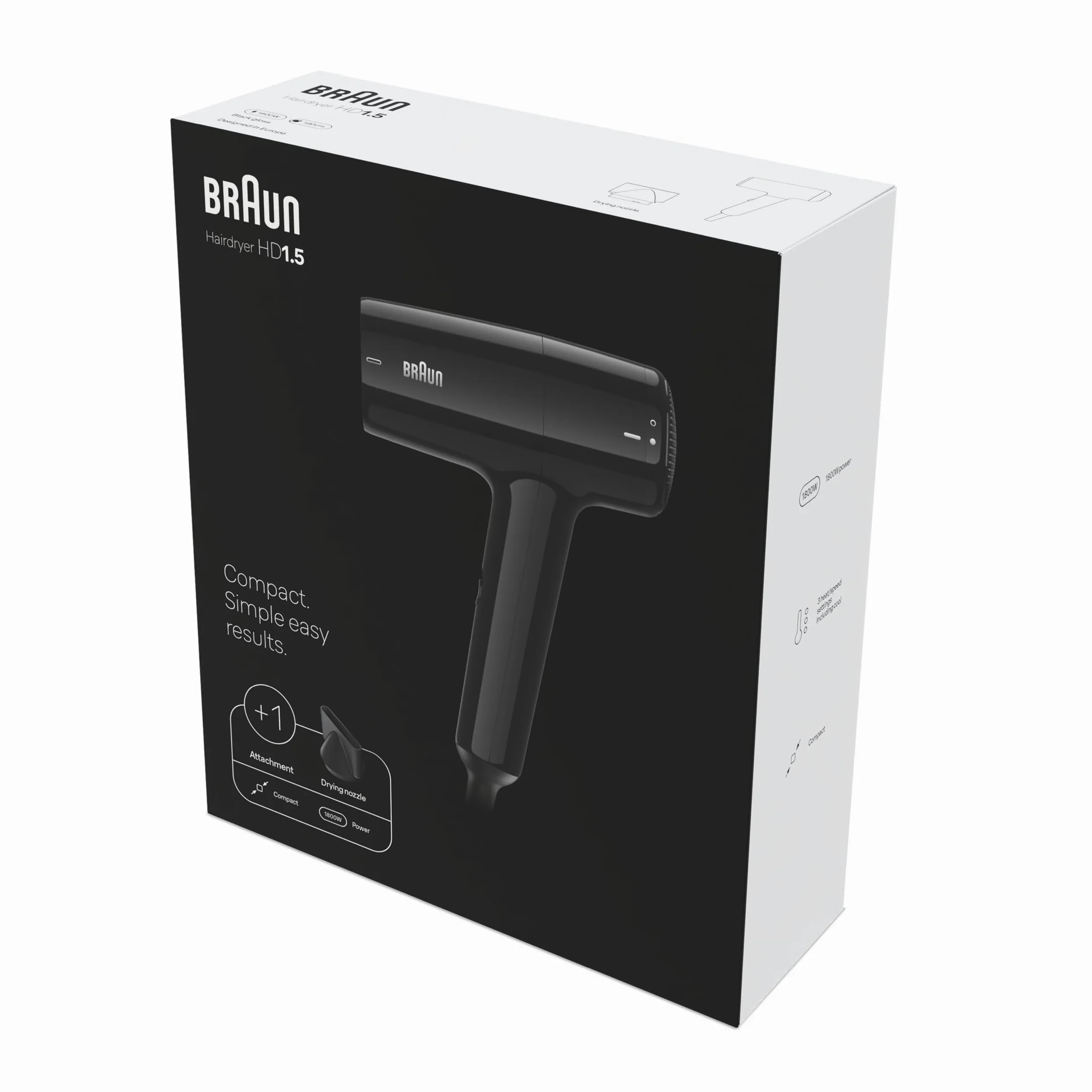 Braun HD1.5 Suszarka 1800W 3 ustawienia temperatury/prędkości czarna BRHD150E