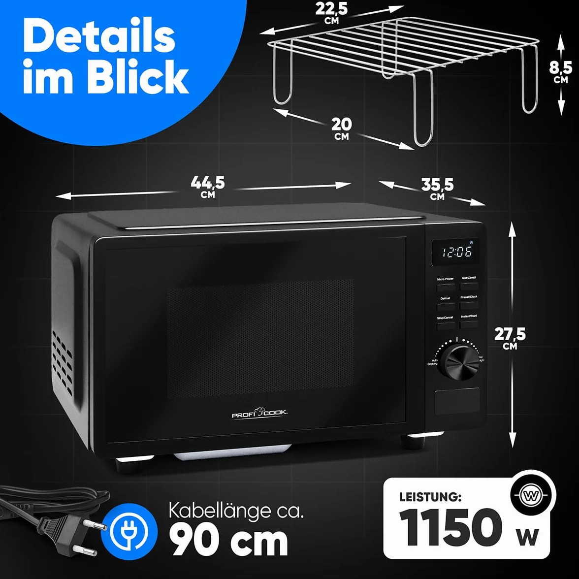 ProfiCook kuchenka mikrofalowa z grillem, 20 l, kuchenka mikrofalowa bez talerza obrotowego dla równomiernego rozprowadzania ciepła, czarna kuchenka mikrofalowa z timerem i funkcją rozmrażania, w