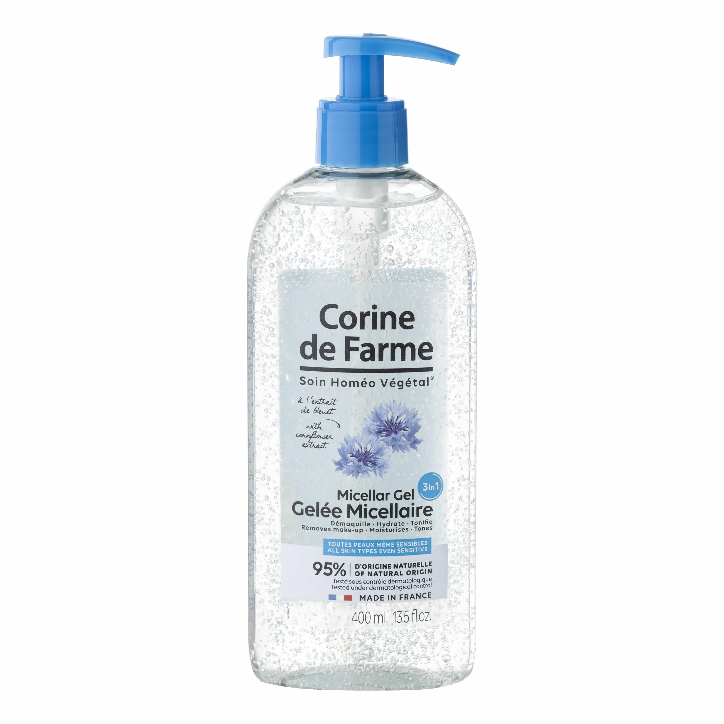 Corine de Farme - Galaretka micelarna 3 w 1 do demakijażu twarzy, oczu i ust - Nawilża i łagodzi - 95% składników pochodzenia naturalnego - 400 ml