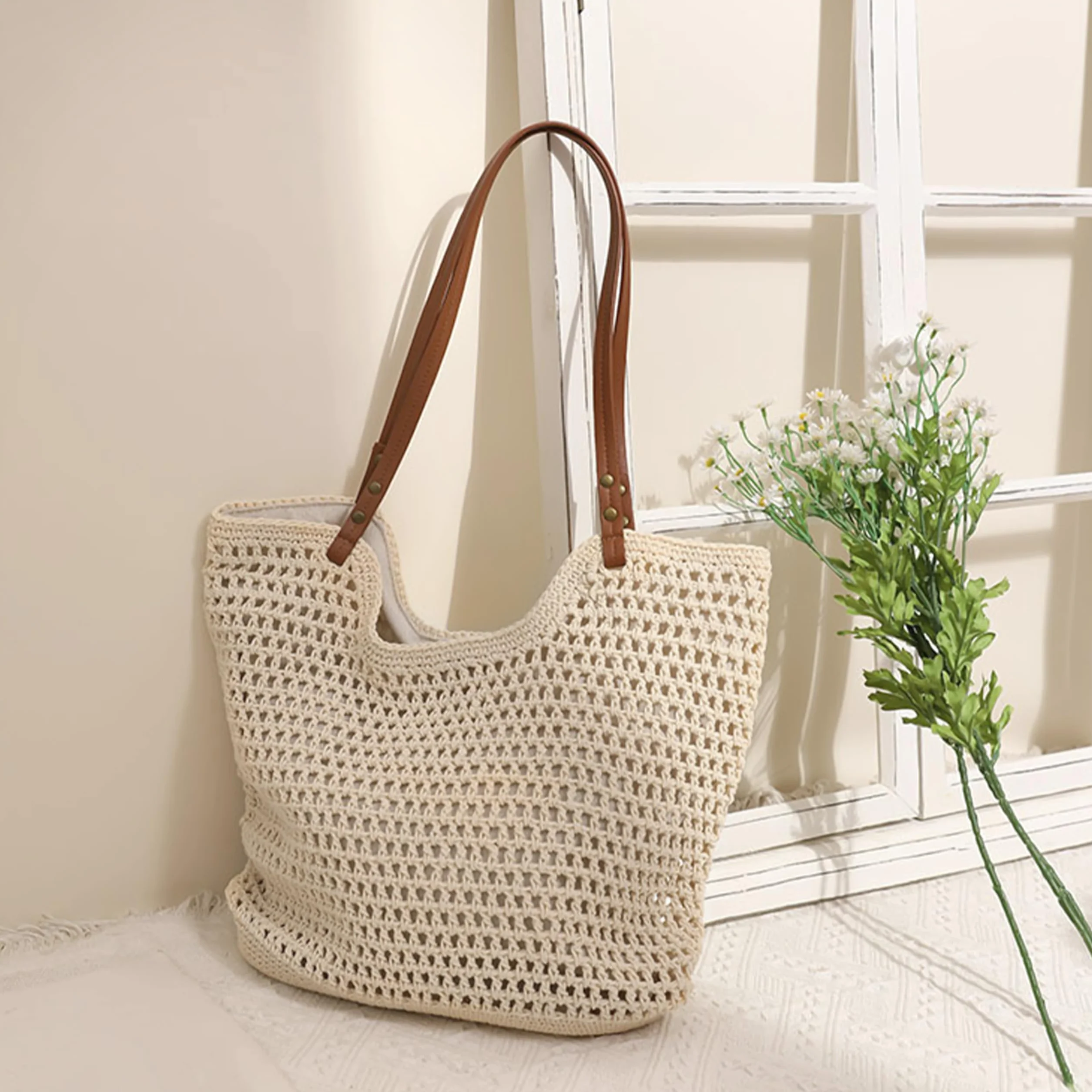 Damska dzianinowa torba na ramię - Boho Sea Bag na plażę, wakacje i zakupy, plecione torby tote hobo, torba plażowa
