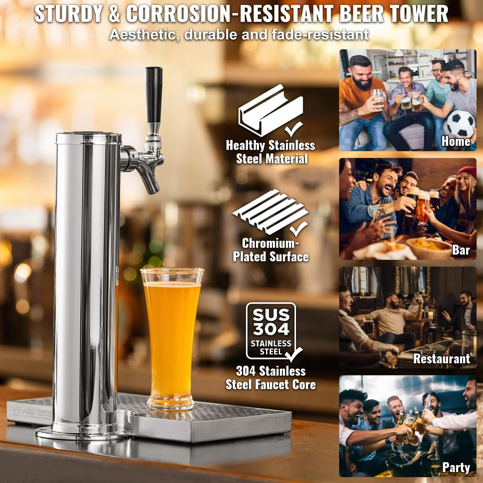 VEVOR Kegerator zestaw do konwersji piwa, pojedynczy kranik do piwa, nalewak do wieży piwnej ze stali nierdzewnej z podwójnym urządzeniem pomiarowym W21.8 i sprzęgłem beczkowym systemu A, tacka