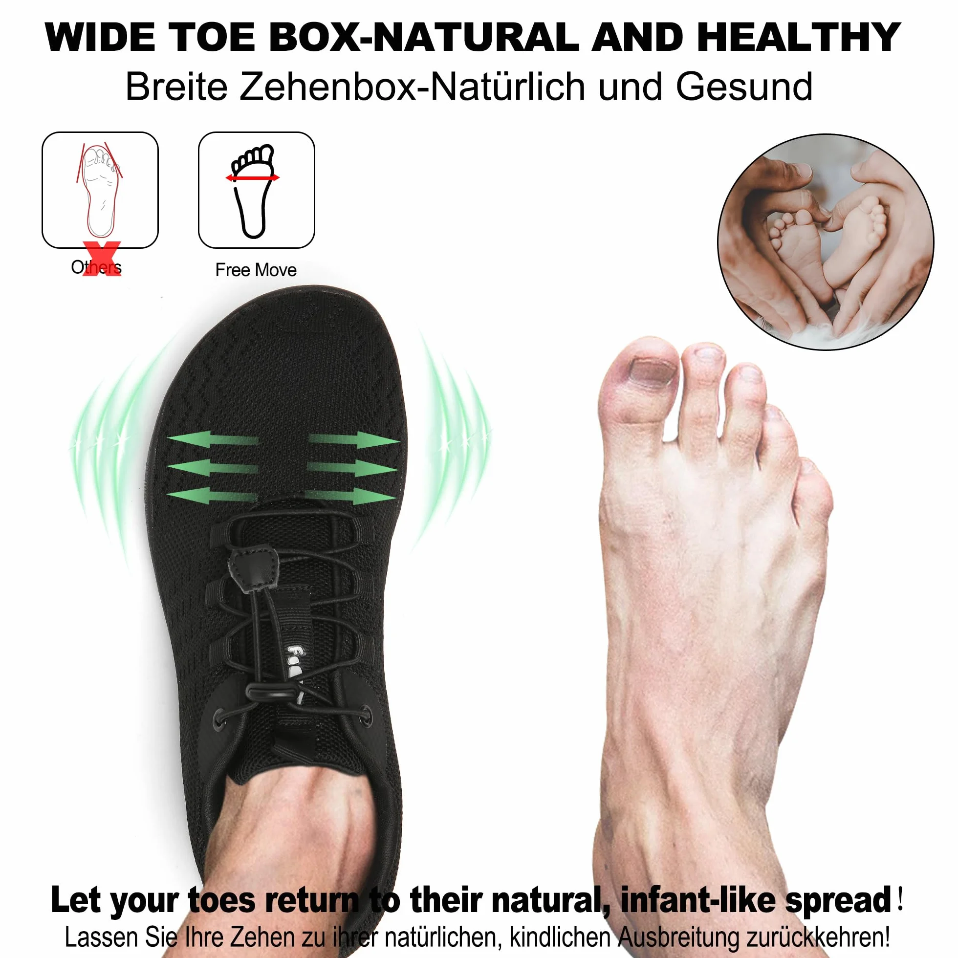 Geweo Buty Barefoot Mężczyźni Kobiety Lato Barefoot Shoes Szeroką Skrzynką na Palce Lato Oddychające Buty do Biegania Buty do Treningu Lekkie Wygodne Buty Fitness Sneaker Unisex Czarny 45EU