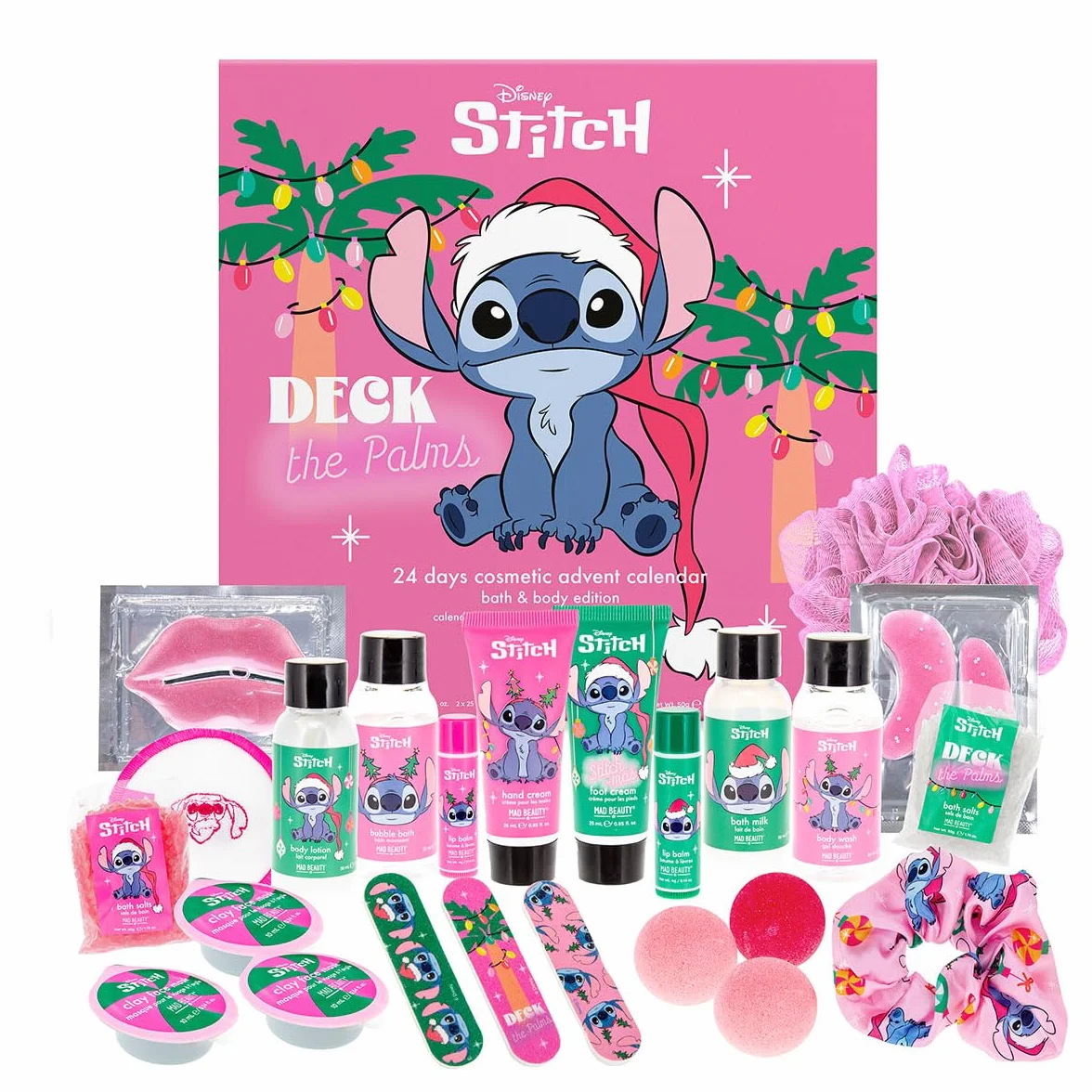 MAD Beauty – Disney STITCH kalendarz adwentowy z 24 produktami kosmetycznymi, wellness, kalendarz adwentowy dla kobiet i dziewcząt, z maską na twarz, balsamem do ciała, gumką do włosów, pilnikiem do