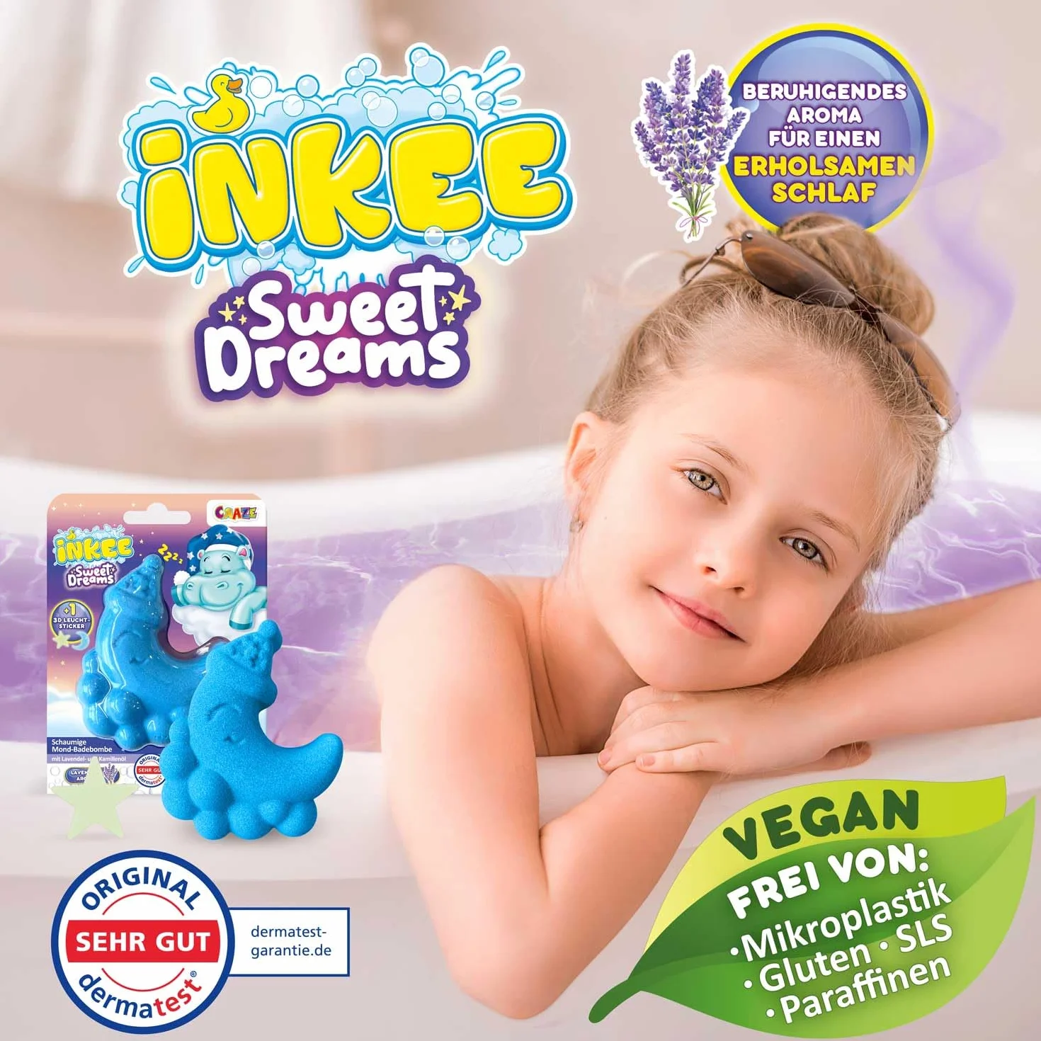 INKEE Foamy Moon Sweet Dream – spieniona kula do kąpieli w kształcie księżyca 60 g, kula kąpielowa dla dzieci z niespodzianką, z zapachem lawendy i olejkiem rumiankowym, fioletowa i niebieska