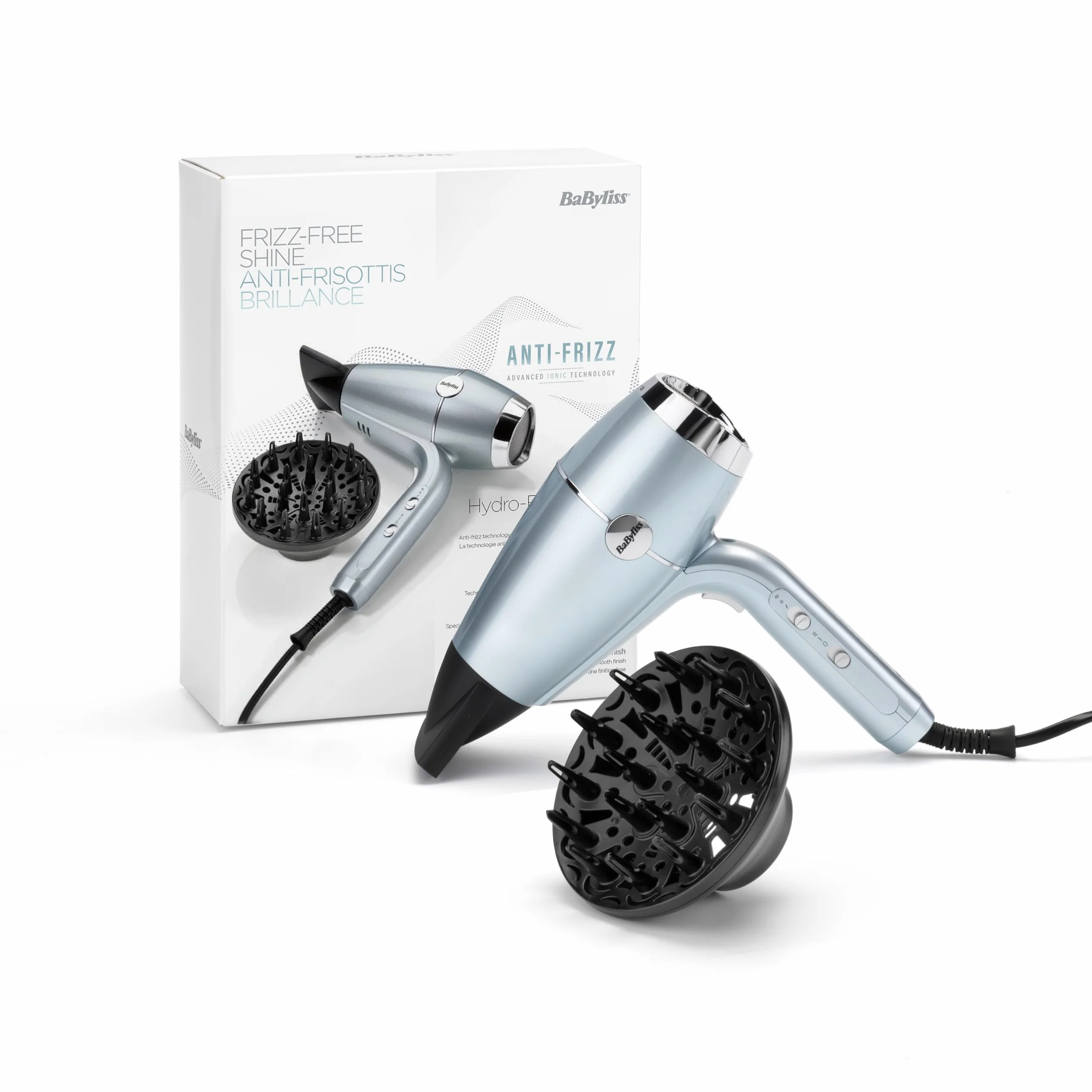 Suszarka BaByliss Hydro‑Fusion z Dyfuzorem – Profesjonalna suszarka jonowa 2100 W, technologia plazmowa dla połysku, lekka konstrukcja, 3 temperatury & 2 prędkości, niebieska, D773DE