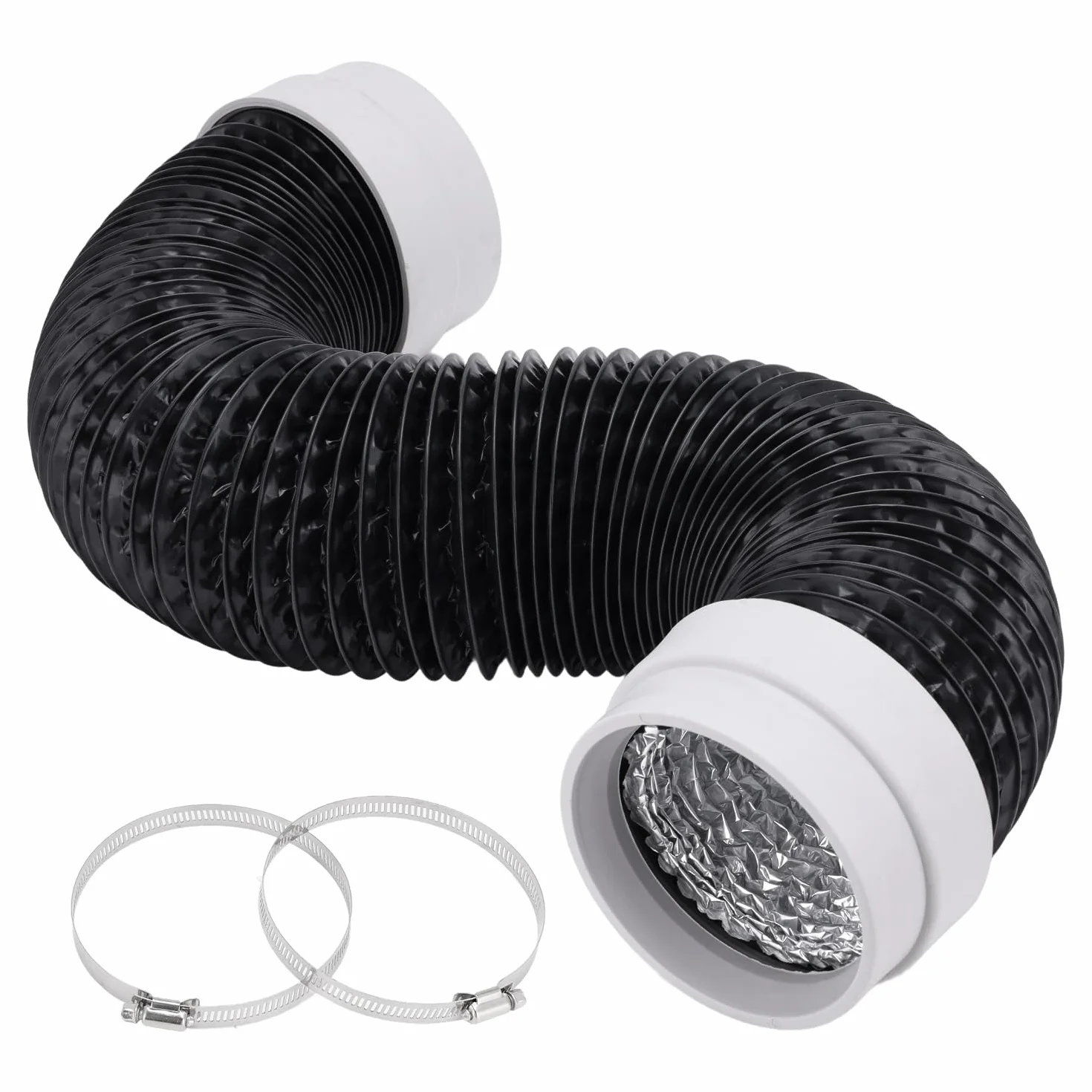 Wąż powietrza wylotowego 100 mm, 1,5 m PCW, rura aluminiowa Flex, czarny, z 2 obejmami do węża ze stali nierdzewnej, rura wentylacyjna do suszarki, wentylatora wyciągowego, okapu