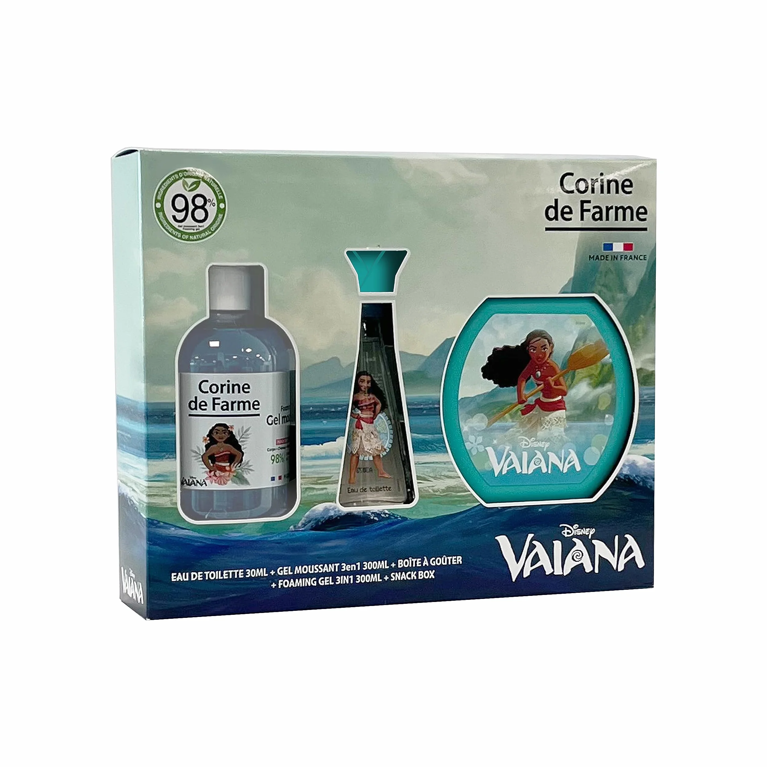 Corine de Farme - Zestaw Vaiana z wodą toaletową 50 ml, do kąpieli piankowej 300 ml i pudełkiem na przekąski - Prezent dla dziewczynek - Zapach dla dzieci o zapachu wanilii - Żel owocowy 3 w 1
