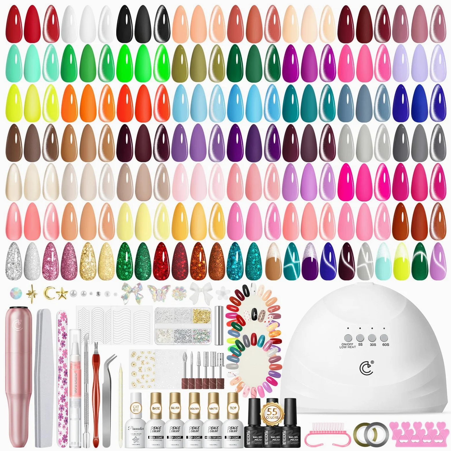 PEACECOLOR Kompletny zestaw 83 szt. żeli UV, lampa, frezarka, baza i top coat