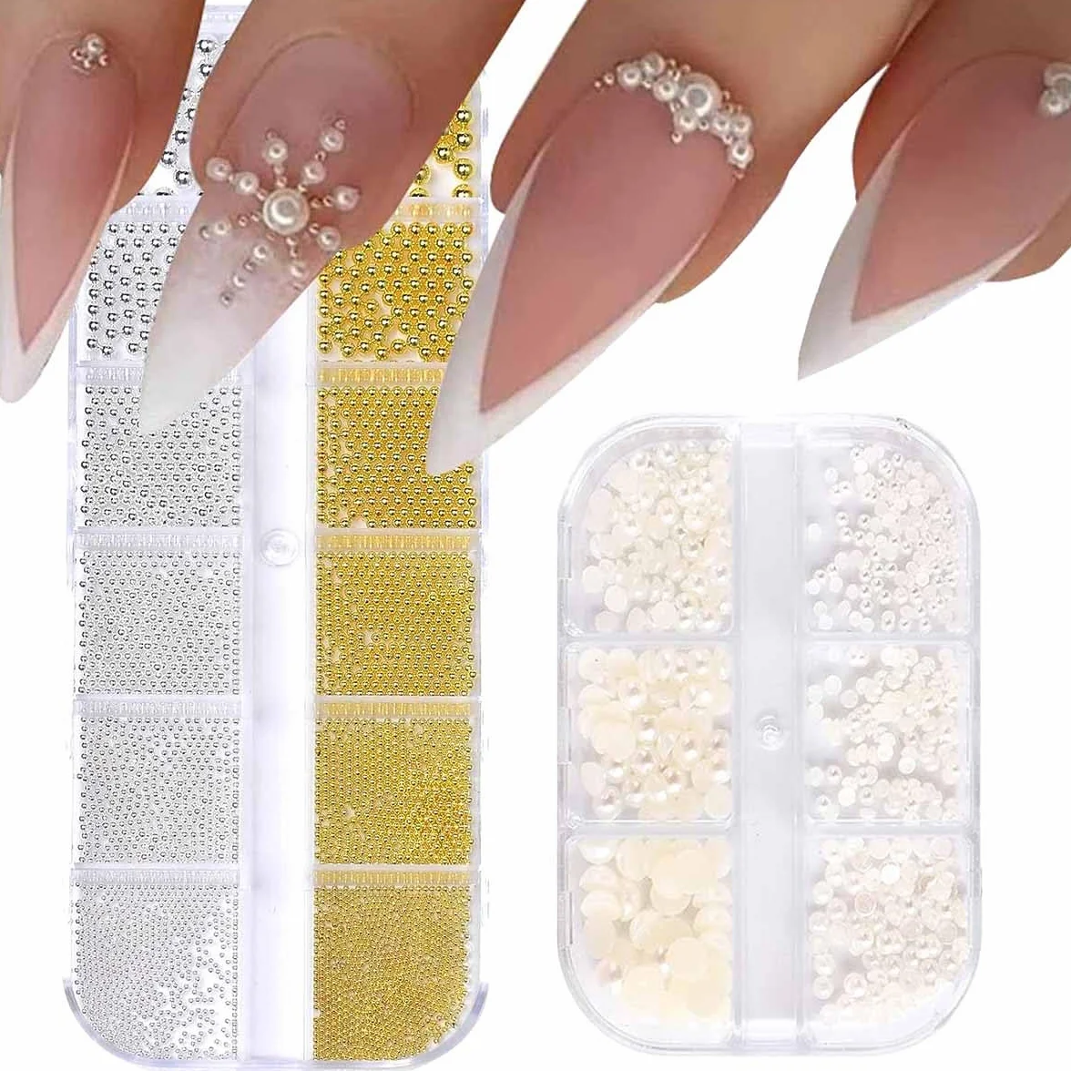 Nailart koraliki do paznokci, 0,3-3 mm, złote srebro, mini kawior, kamienie stras, białe beżowe, mini paznokcie, mikroperły, dekoracja do paznokci