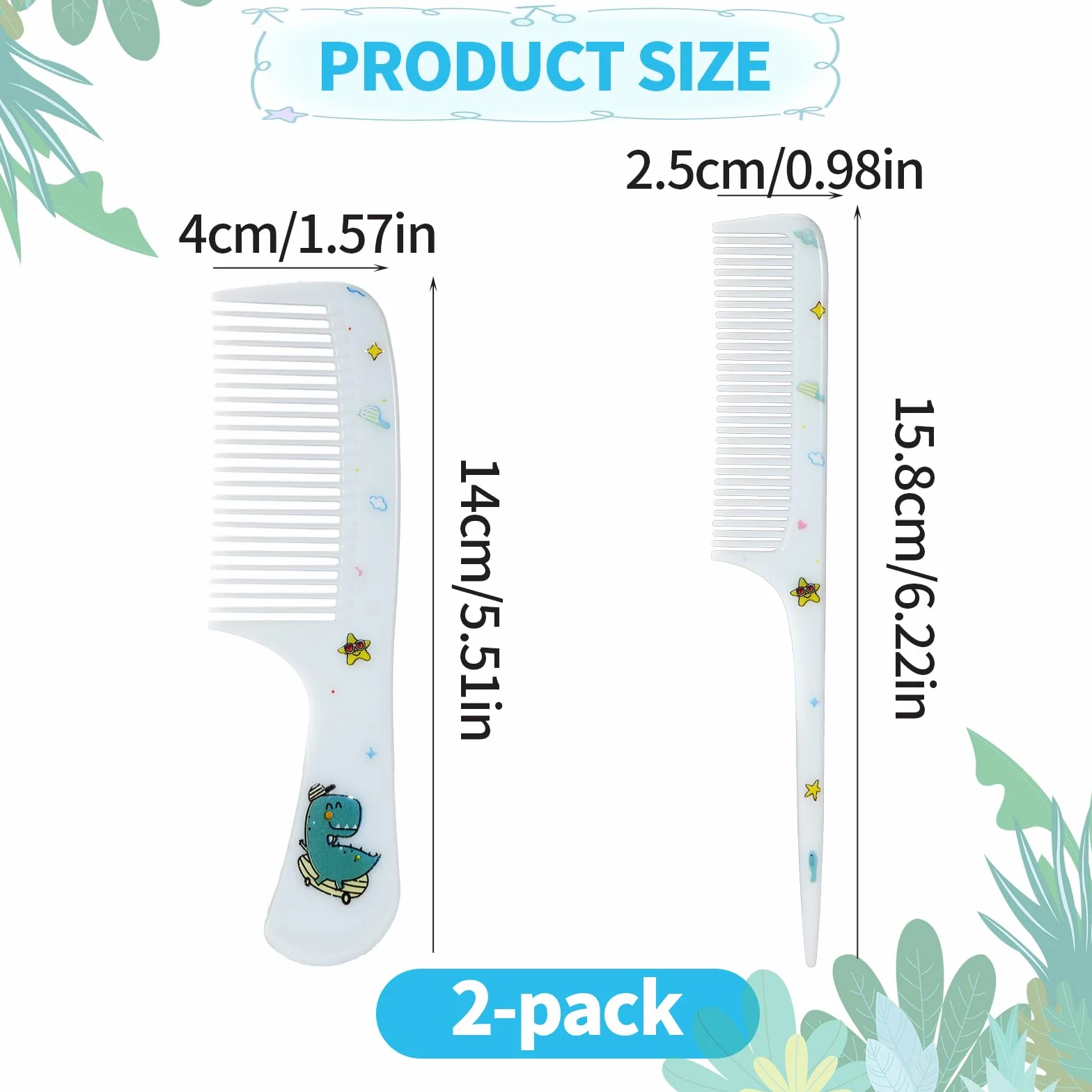 2szt Zestaw Uroczych Grzebieni dla Dziewczynek, Grzebień z Gęstymi Zębami & Grzebień z Rączką, Mini Plastikowa Szczotka dla Dzieci Kobiet Wszystkie Rodzaje Włosów (Dinozaur)
